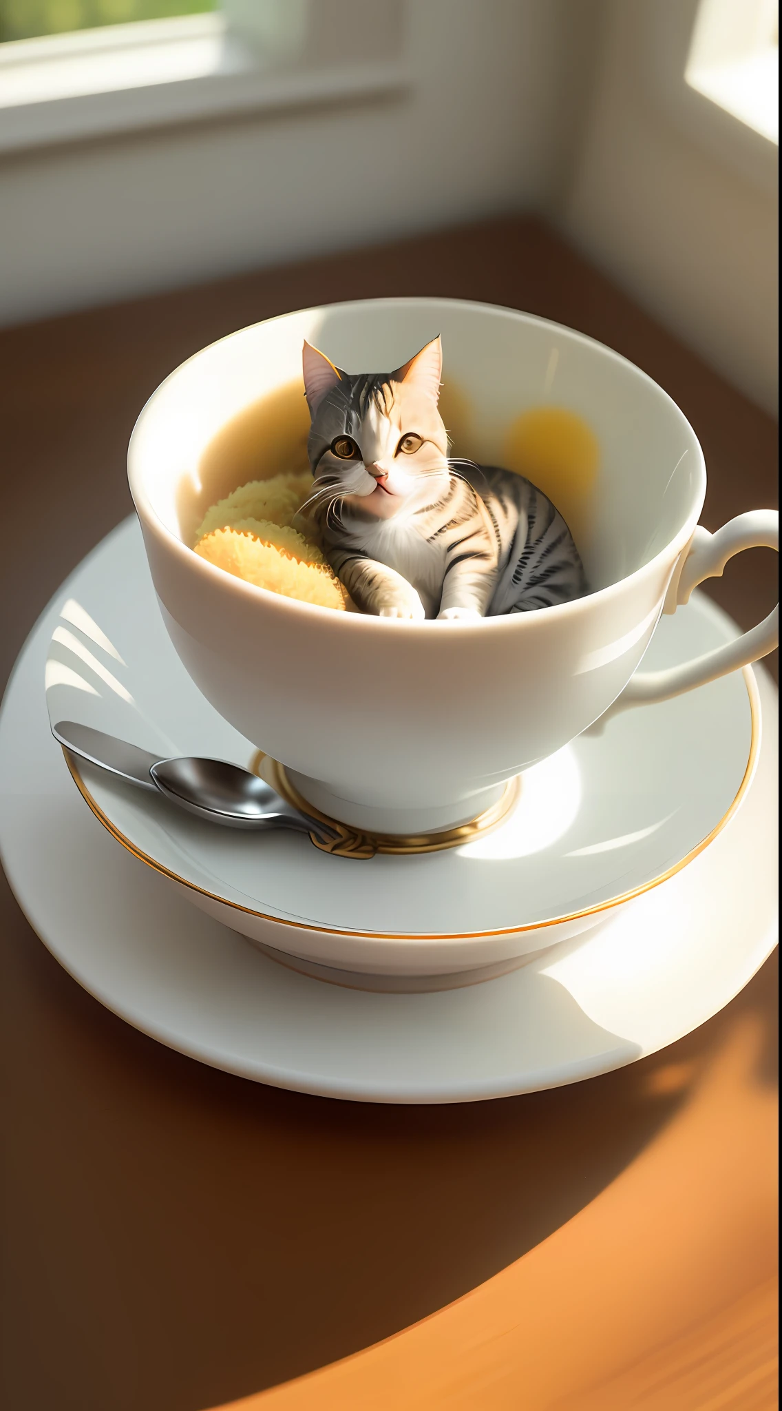 Cat, ((((small)))), in a teacup, face out, tongue sticking, paws sticking out of teacup, 8k, professional photo, delicate, clear, on table, in the house, sunshine, light leak, masterpiece, ((((pretty))), (fashionable teacup), reality, like a stuffed animal