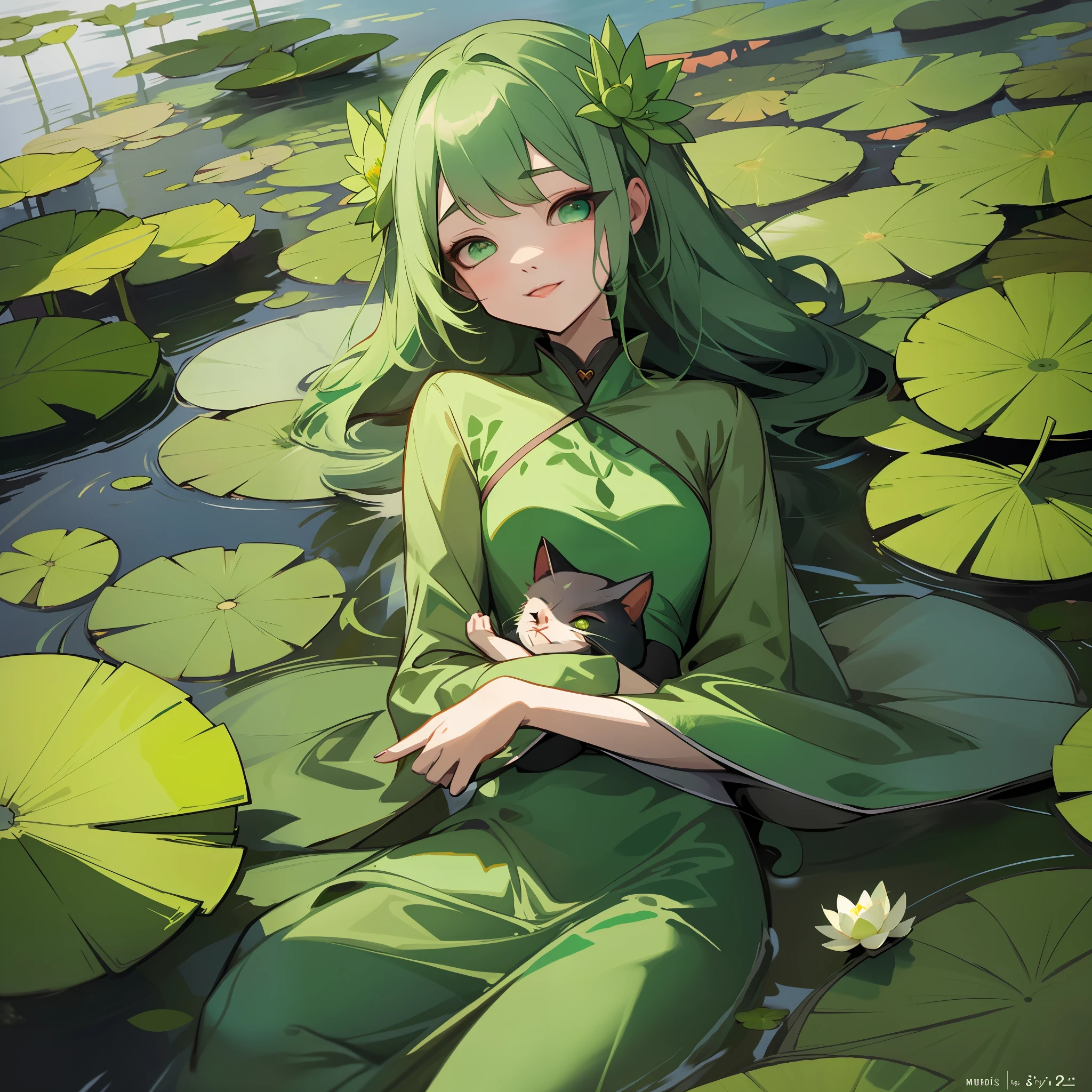 anime girl with green hair and green eyes sitting in a pond of lilyes, lying on lily pad, artgerm and atey ghailan, waterlily mecha nymphaea, wlop and krenz cushart, guweiz on pixiv artstation, in a pond, krenz cushart and artgerm, cushart kenz