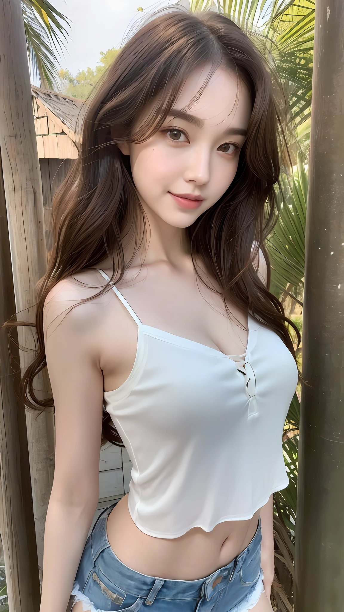 (Best quality, High resolution, Masterpiece :1.3), A pretty woman, Slender figure beauty, Dark brown hair styled in loose waves, (White pale skin), Wearing camisole and shorts, Smirk, Outdoor with low light, Details exquisitely rendered in the face and skin texture, Eyes with detailed pupils, Double eyelid