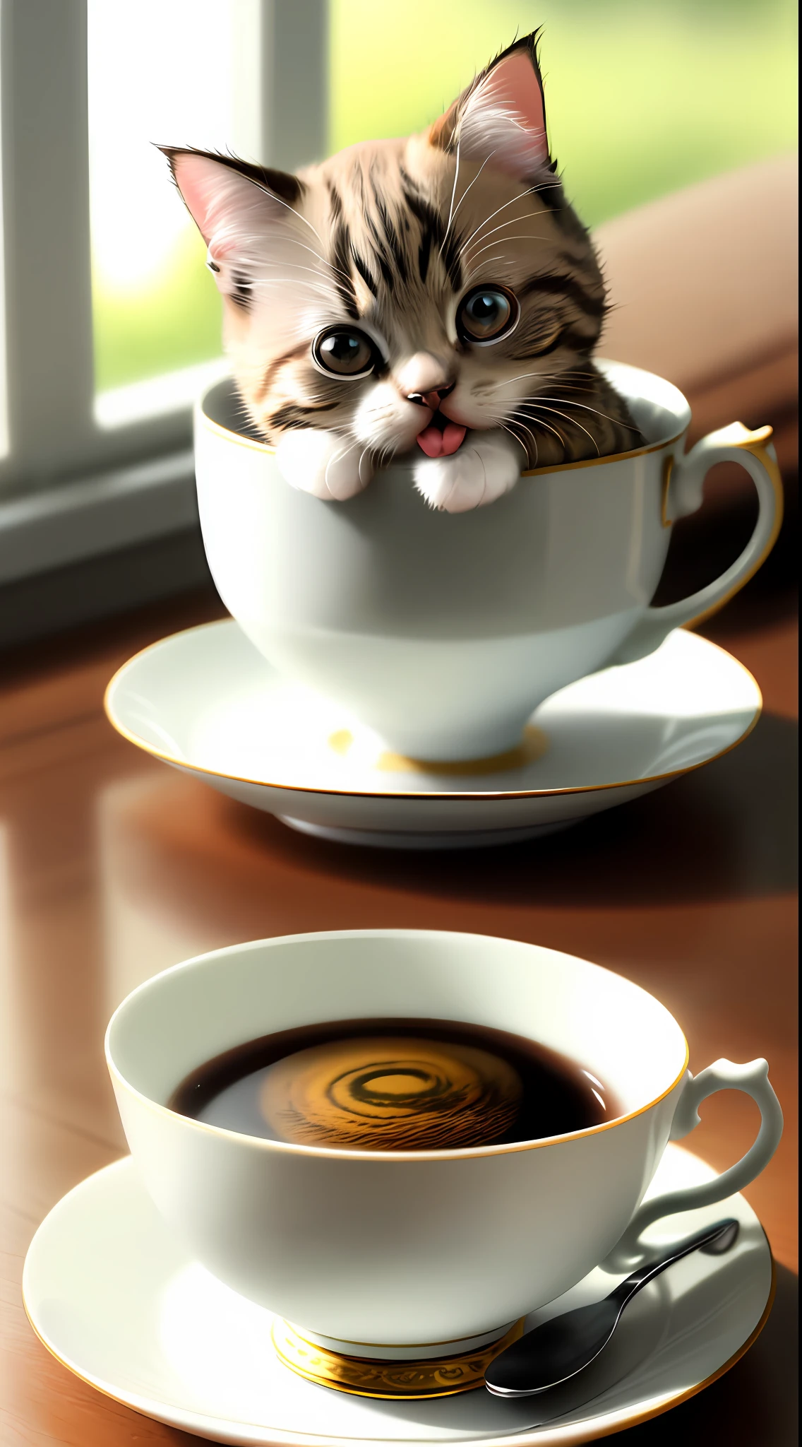 Cat, ((((small)))), in a teacup, face out, tongue sticking, paws sticking out of teacup, 8k, professional photo, delicate, clear, on table, in the house, sunshine, light leak, masterpiece, ((((pretty))), (fashionable teacup), reality, like a stuffed animal