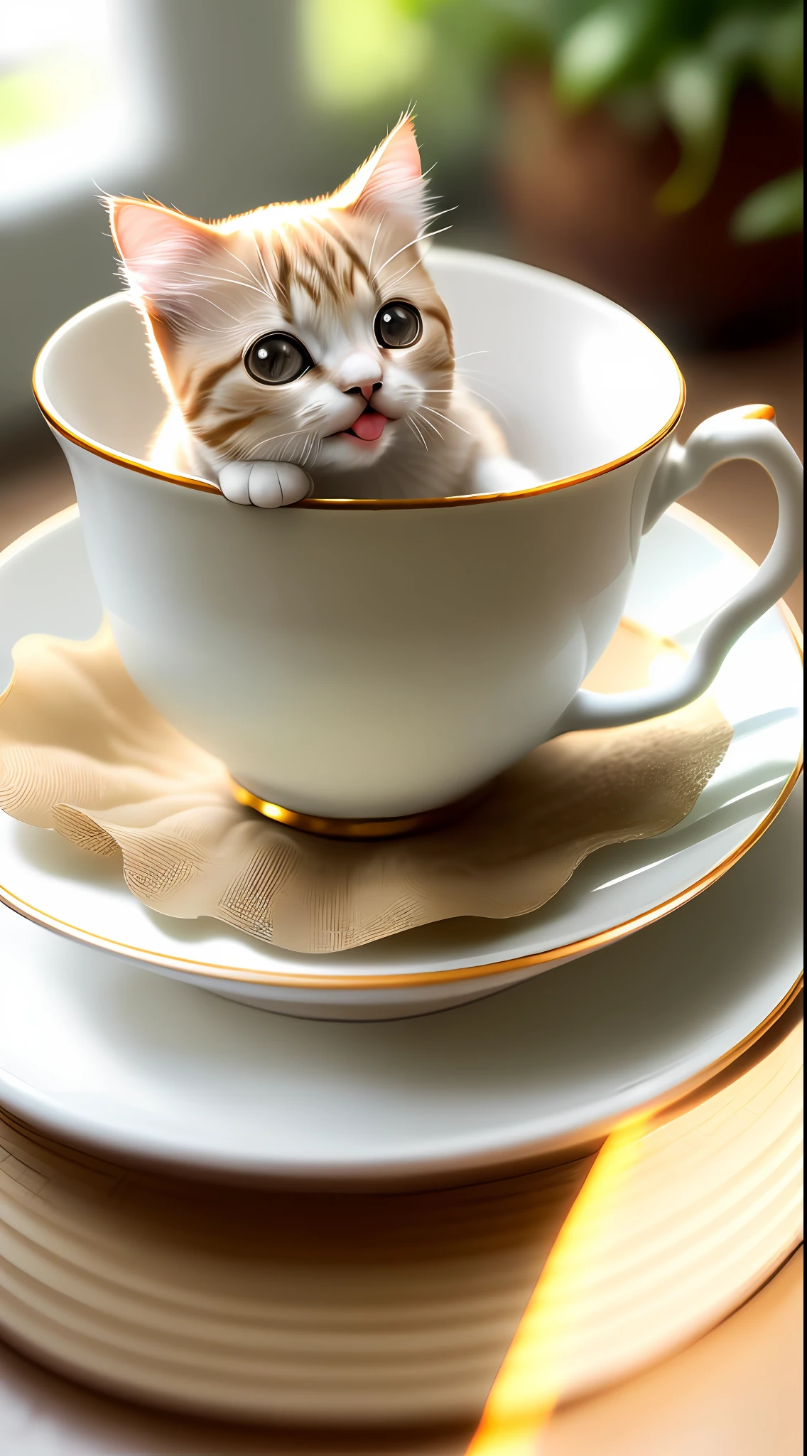 Cat, ((((small)))), in a teacup, face out, tongue sticking, paws sticking out of teacup, 8k, professional photo, delicate, clear, on table, in the house, sunshine, light leak, masterpiece, ((((pretty))), (fashionable teacup), reality, like a stuffed animal