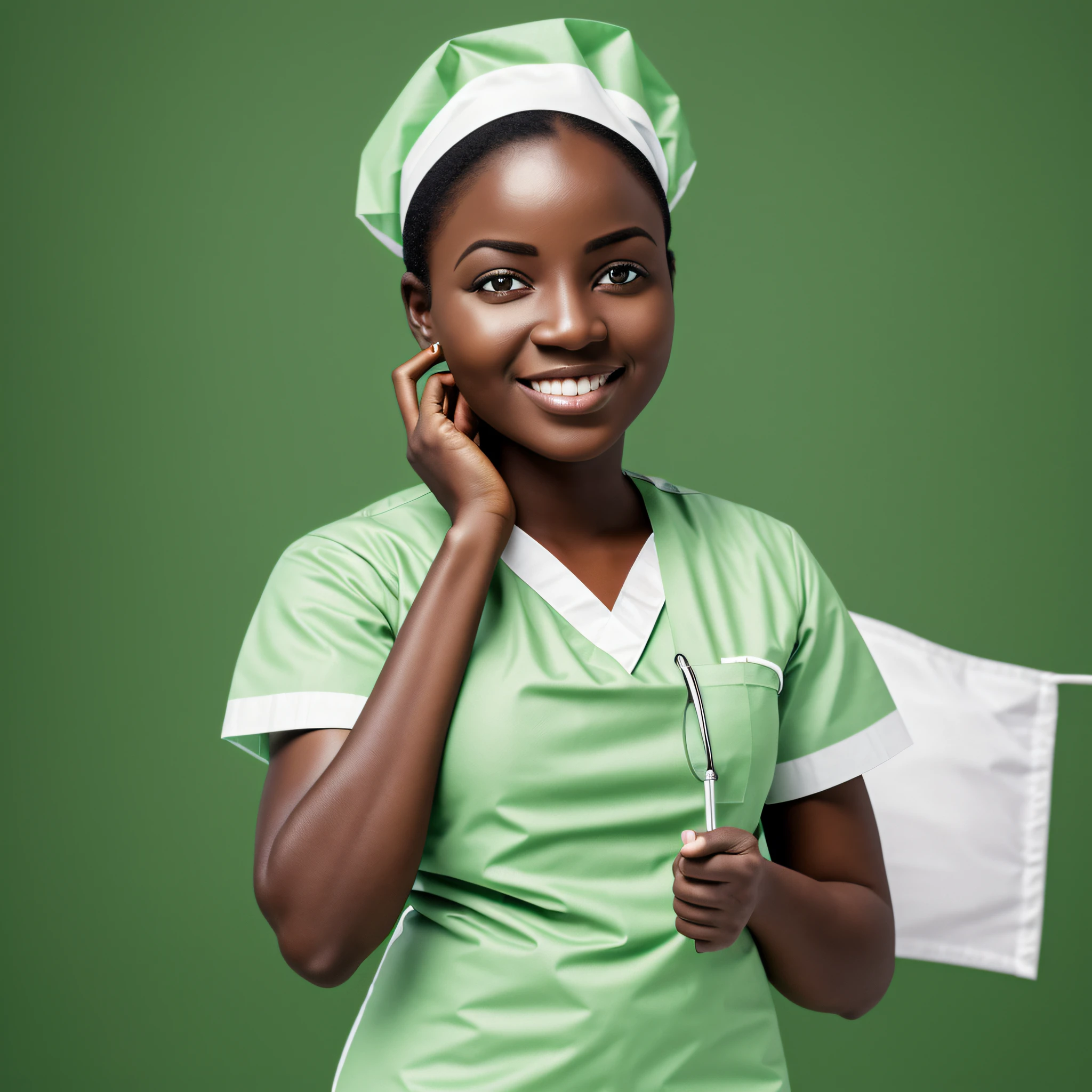 realistc 3d photo of a dark shinned african woman nurse holding up a green and white flag, wearing green hospital clinic scrub uniform in white background --auto --s2