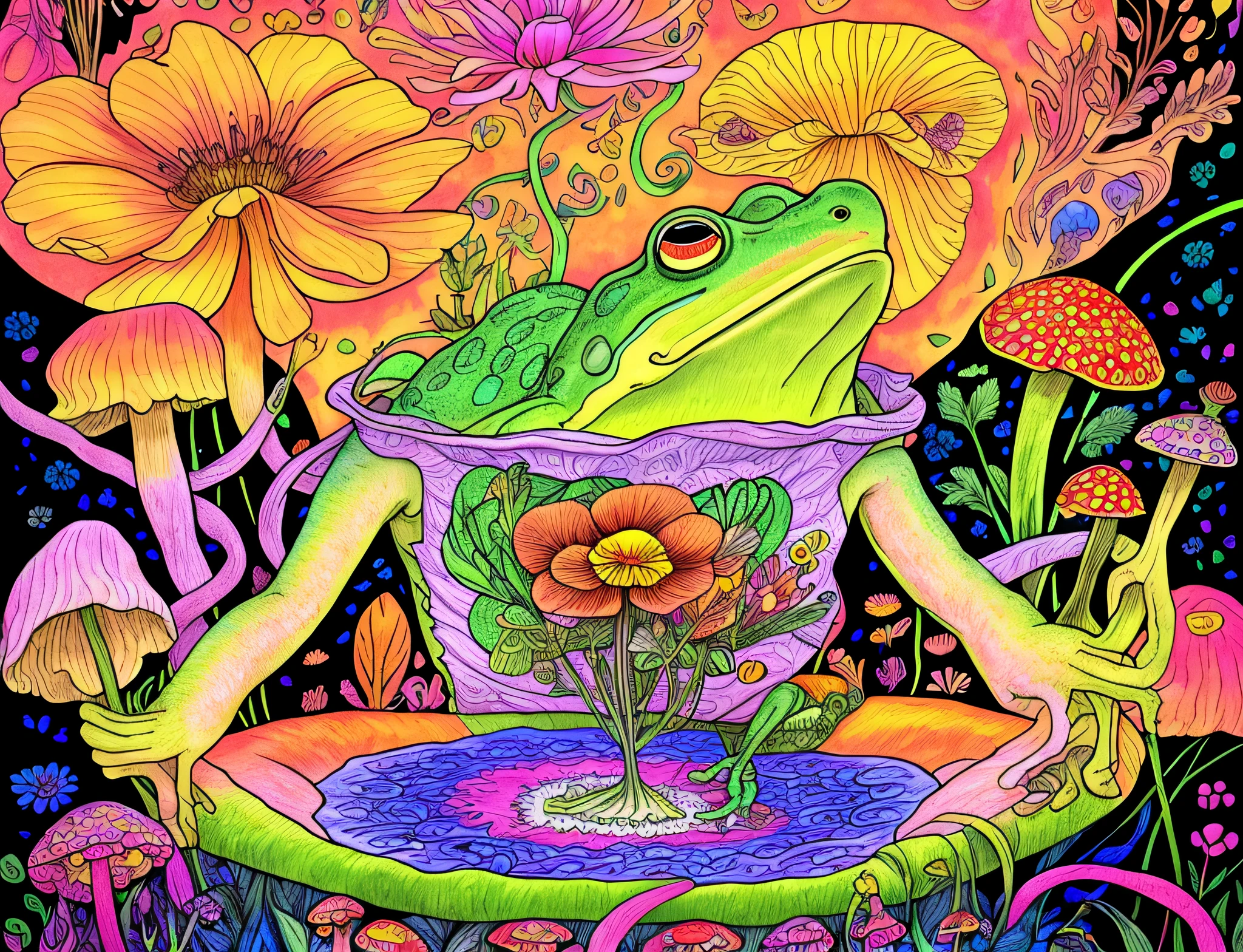 Drawing a frog with a flower in its mouth and a flower in its mouth, frog meditating, mushrooms and flowers in his hand, mushrooms stuck in his head, colorful background, illustrative frog, psychedelic journey, DMT art while tripping over DMT, illustrations, posters, insanity artwork,