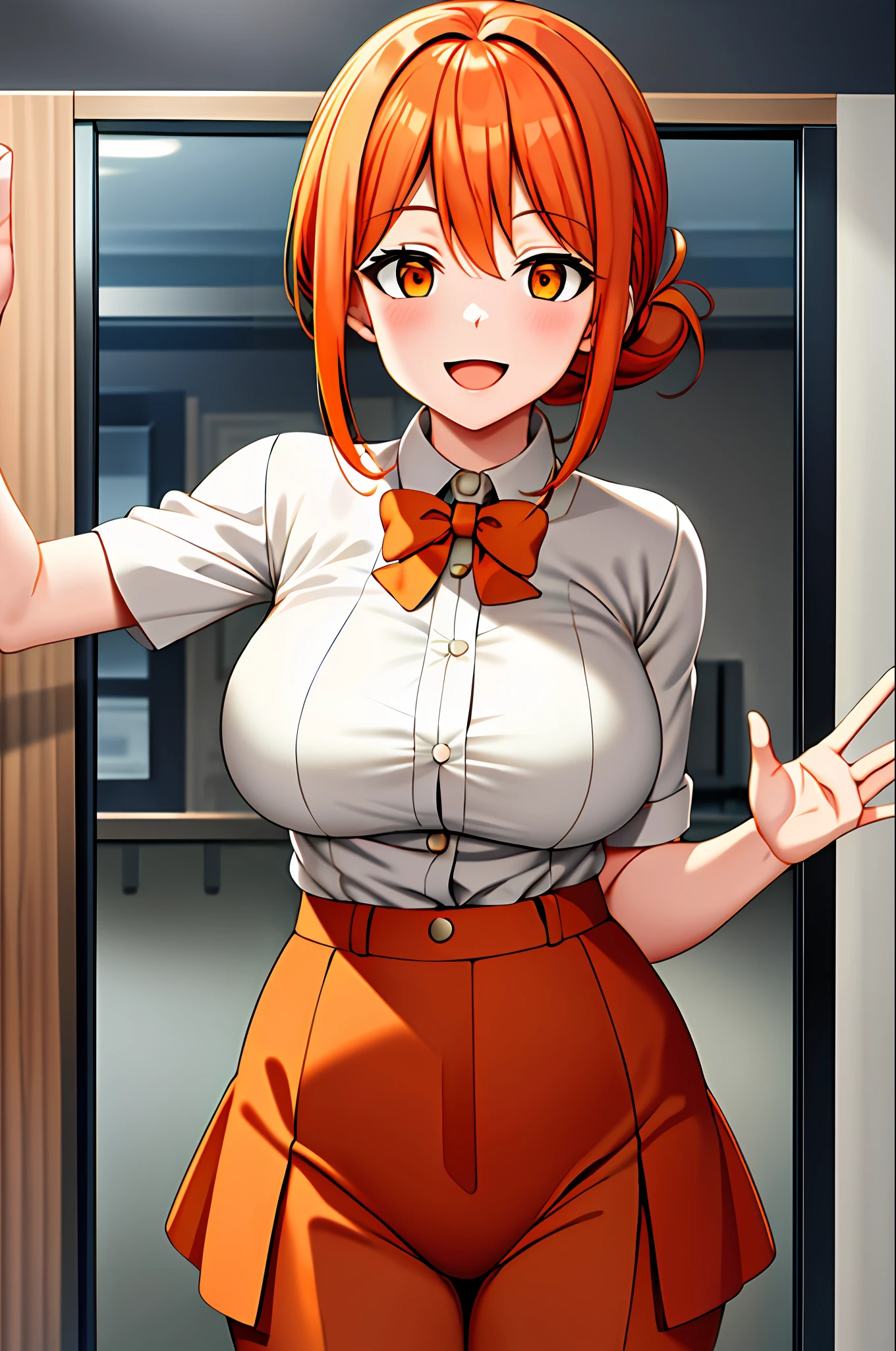 masterpiece, best quality, highres, hi1, orange hair,  Orange eyes, large breasts, hair bow, skirt, pants, white shirt, cowboy shot, smile, waving, open mouth,moe, milf, grab oppai