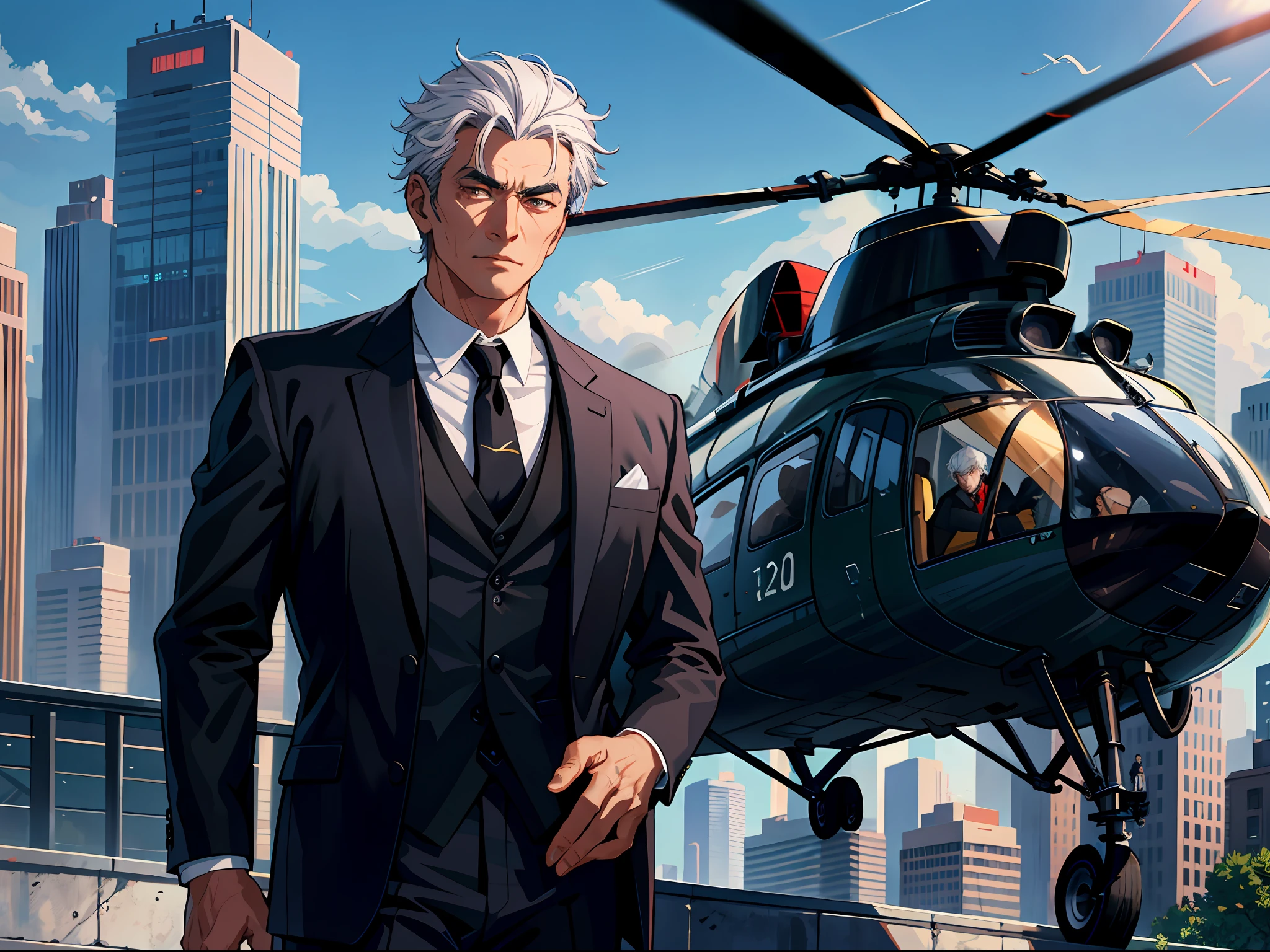 High resolution, highest quality, illustration, super detailed, (detailed face), (detailed eyes), a handsome Chinese black-haired youth in a black suit and a middle-aged uncle with white hair, standing on the rooftop tarmac with a helicopter parked next to it