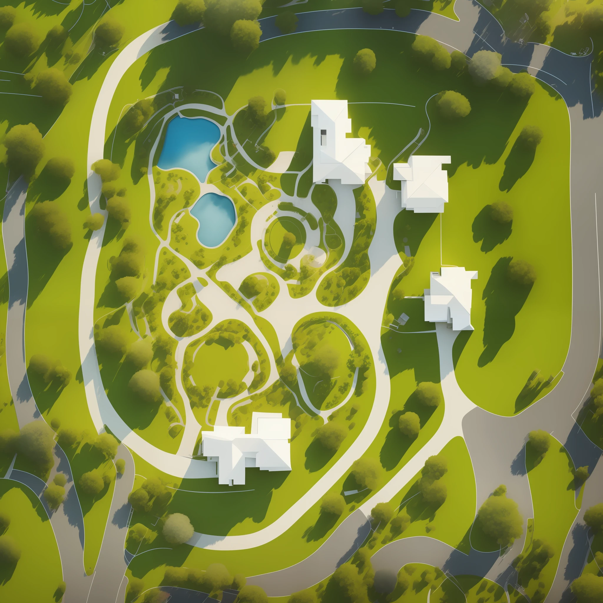 Vertical panorama (masterpiece), (high quality), best quality, super detailed, (full detail), (4k), 8k, tree, house, grass, building, curved road, relief with water park and curved road network. Terrain (masterpiece), (high quality), best quality, super detailed, (full detail), (4k),8k,tree, no humans, door, water, house,building,grass, simple background, window, from above, park, nature, tree, landscape, plants, nature, white background, trees, houses, grass, buildings, curved roads, relief. Terrain, gallery, runway, regularity