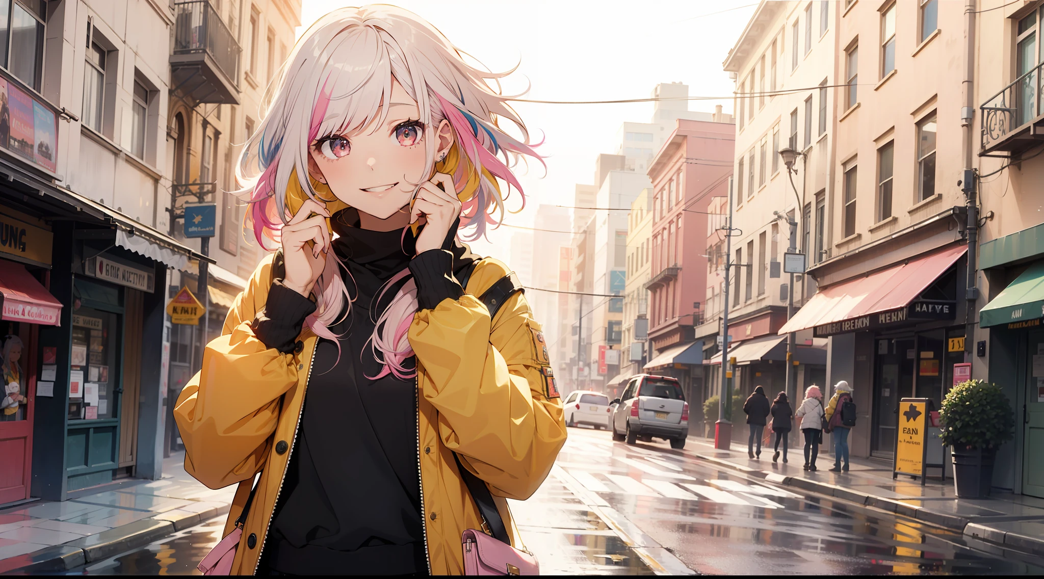 (1girl), Daytime, hair blowing in the wind, streets, yellow rain coat, best quality, happy, smile, ((multicolored, white hair, pink hair)), city, cowboy shot