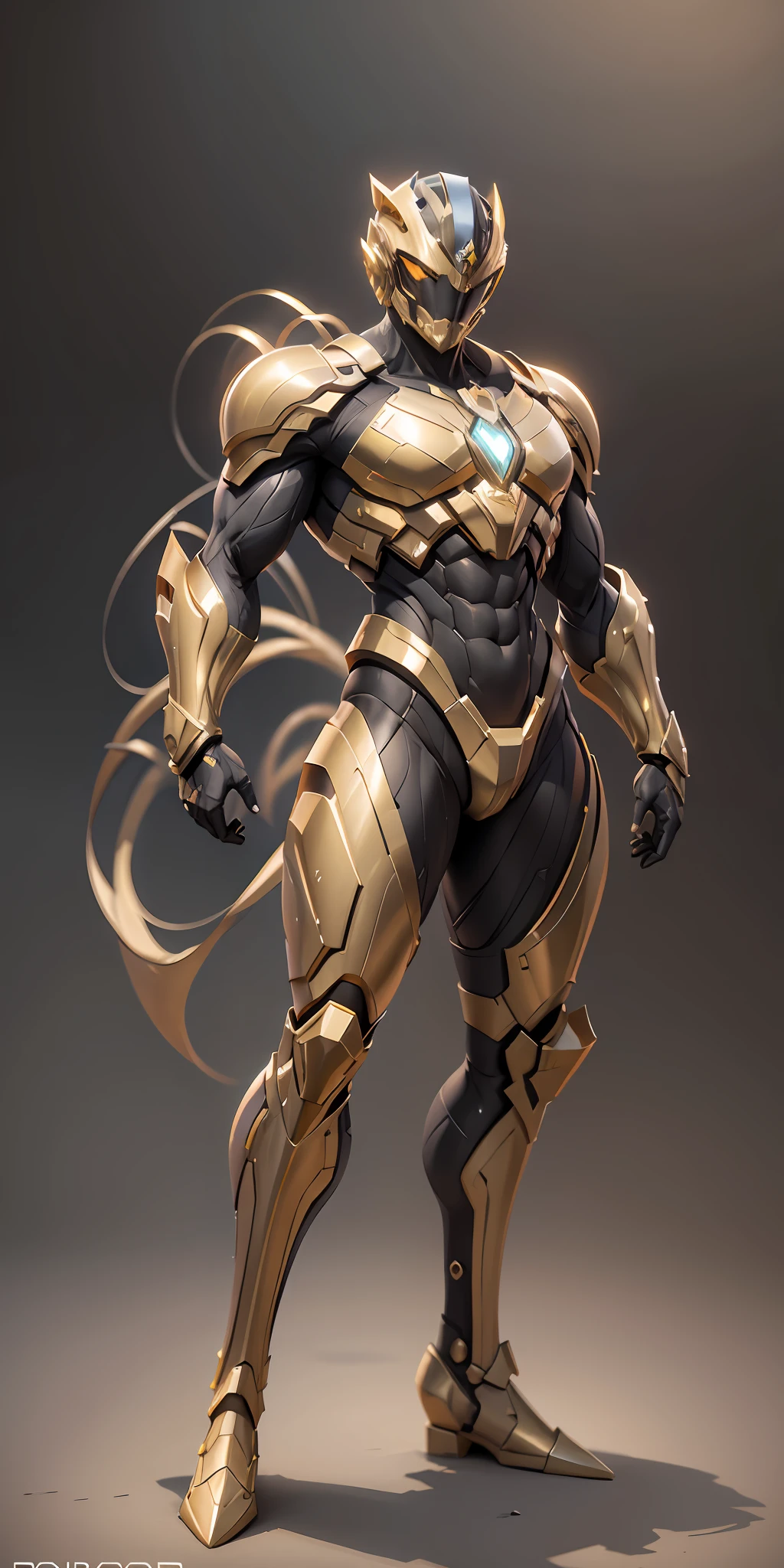 Gold Ranger from Power Rangers, frontal, full-length, looking at the camera, facing the audience, standing pose, simple background, three-dimensional light, detailed full-body concept, sleek digital concept art, beautiful full-body concept art, art trend, CGsociety full-length,