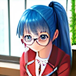 A close-up of a li with glasses, blue hair and double ponytail, wearing a blue school uniform, sitting on a chair, in the study, blue eyes, anime moe art style, anime vision of a cute girl, wearing glasses, close-up of a young anime girl, young anime girl, an anime girl, cute anime face, Nagatoro, marin Kitagawa doujin art, anime outer house, as an anime character, 2 D anime style, thick glasses