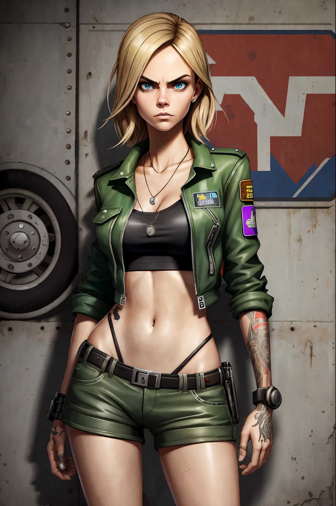 Kara Delevingne in sexy linergie, in junkyard, full body portrait, gta San Andreas, gta v style, detailed gta San Andreas background, gta v wallpaper, highres, 8k --auto --s2