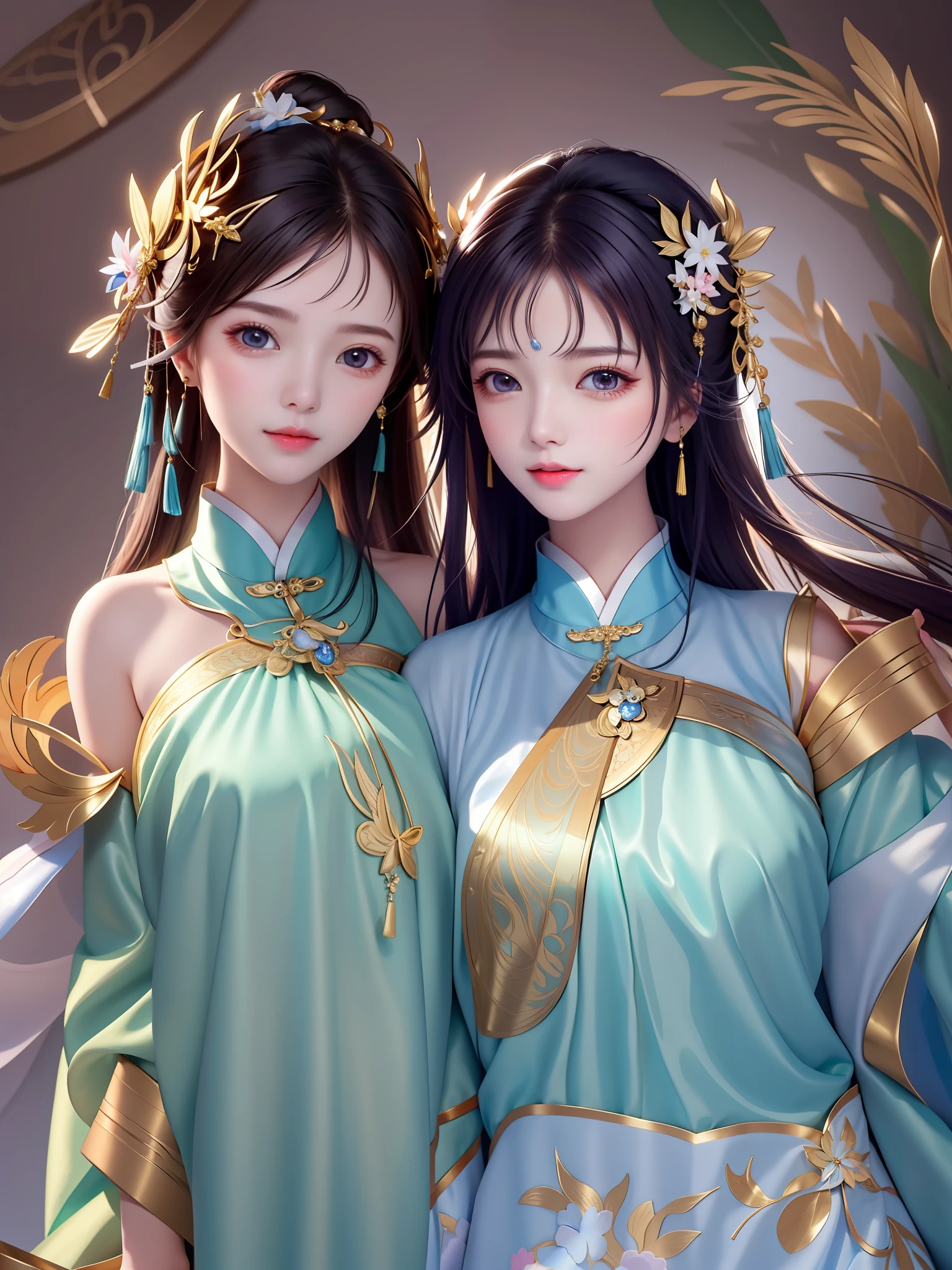 (masterpiece, sidelighting, finely detailed beautiful eye: 1.2), masterpiece*portrait, realistic, luslous skin, shiny skin, facial light, shiny face, (2girls), facial light, shiny face, lustrous skin, shiny skin,((肖像)), 面部对焦, 面向观众, 正面, 碧蓝航线,多巴胺穿搭