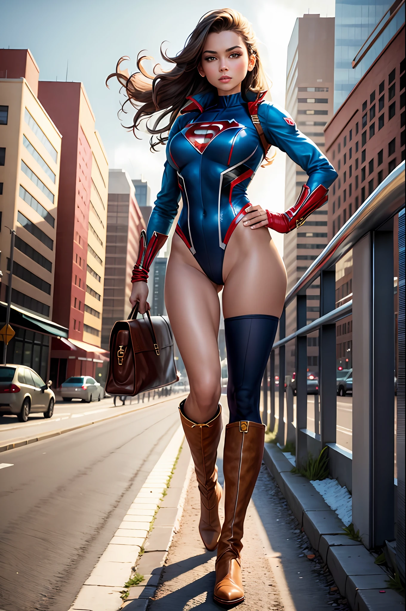 masterpiece, best quality, highres, 1girl, full body, superhero, leotard, bare legs, matching boots, hands on hip, standing, city backdrop, american female,