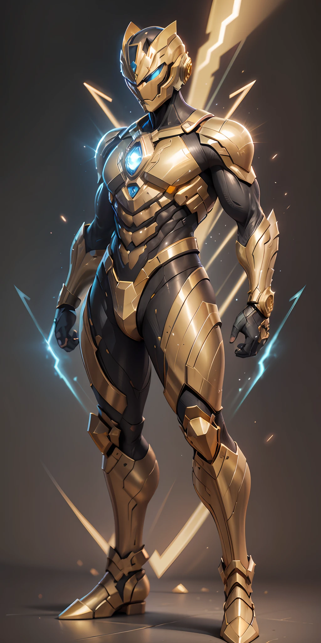 Cosmic Fury Gold Ranger from Power Rangers, frontal, full-length, looking at the camera, facing the audience, standing posture, simple background, three-dimensional light, detailed full-body concept, sleek digital concept art, beautiful full-body concept art, art trend, full-length CGsociety,