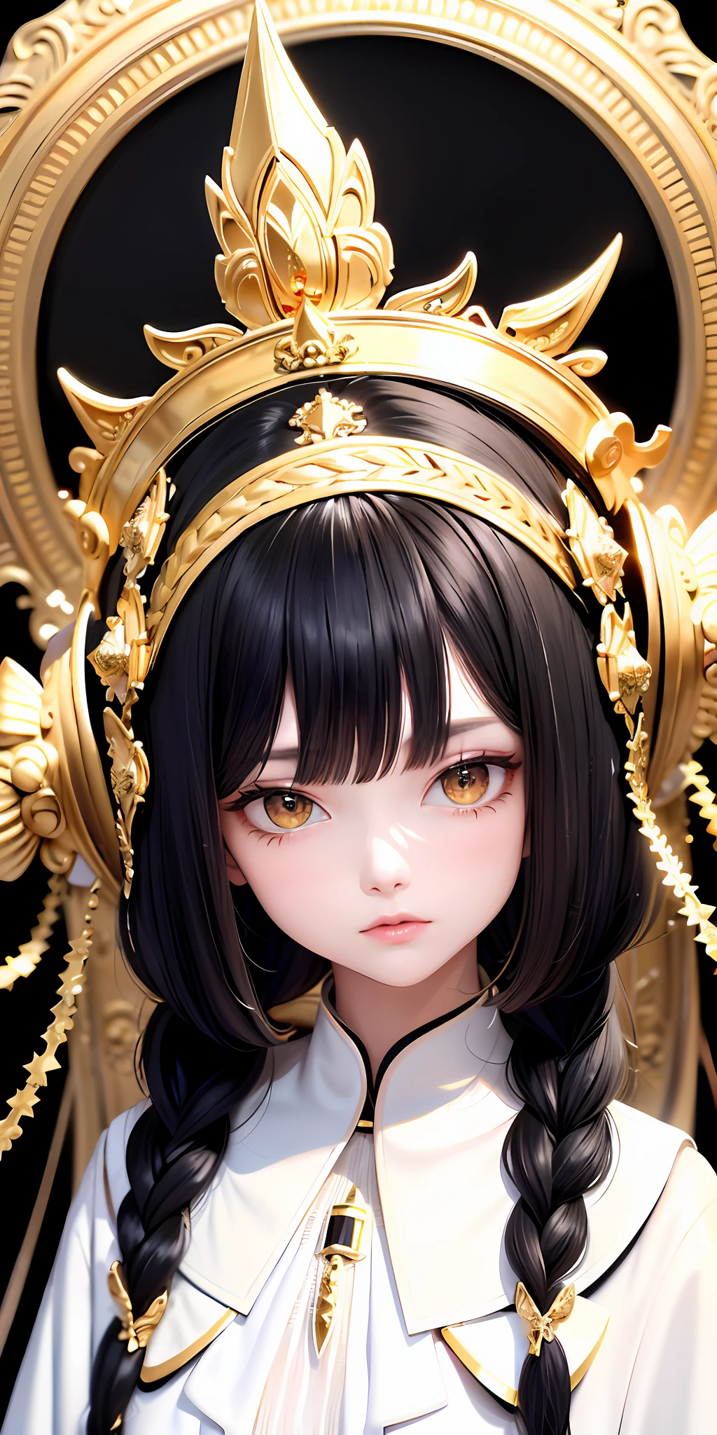 Top quality, masterpiece, black hair, gold-eyed, fashionable white clothes, looking up, upper body (front), hair strands, fair skin, side braids, plain background