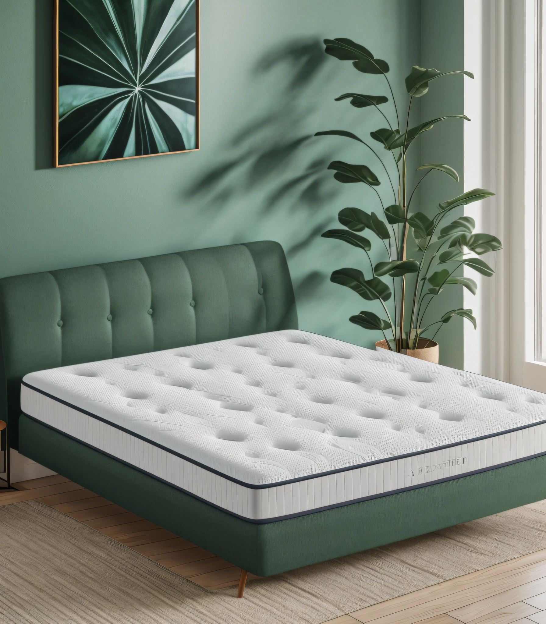 Alafeld mattress, product display, oblique view, 3D product rendering, home scene, green plant decoration, natural light, realism, high quality, 8K, very realistic