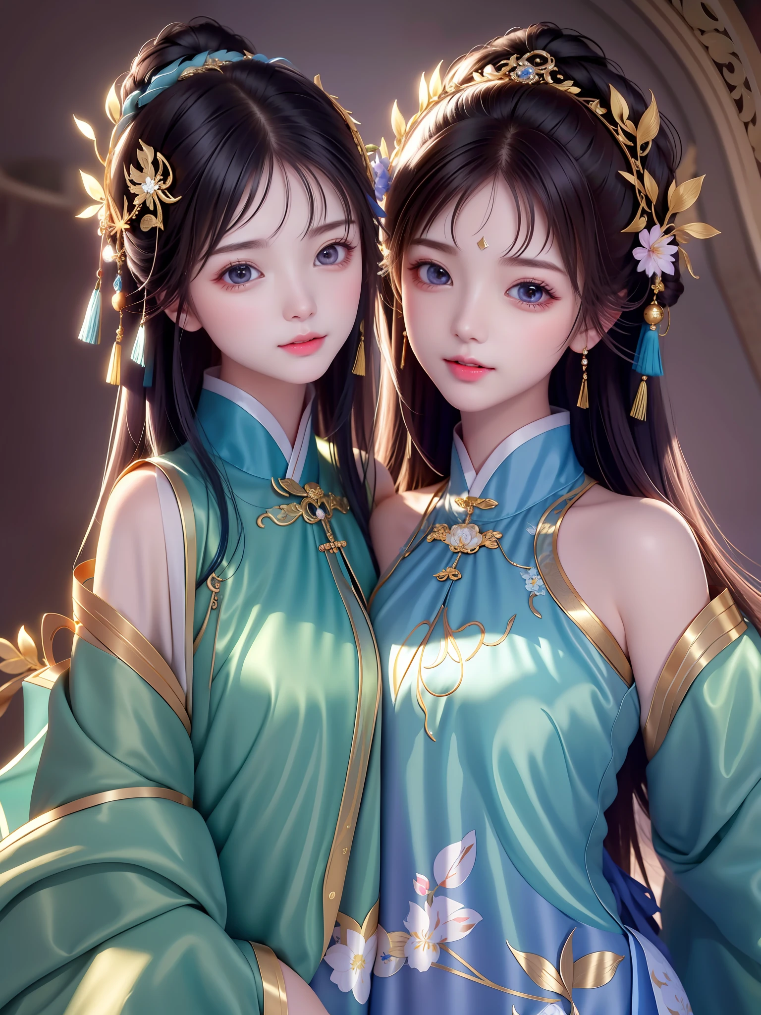 (masterpiece, sidelighting, finely detailed beautiful eye: 1.2), masterpiece*portrait, realistic, luslous skin, shiny skin, facial light, shiny face, (2girls), facial light, shiny face, lustrous skin, shiny skin,((肖像)), 面部对焦, 面向观众, 正面, 碧蓝航线,