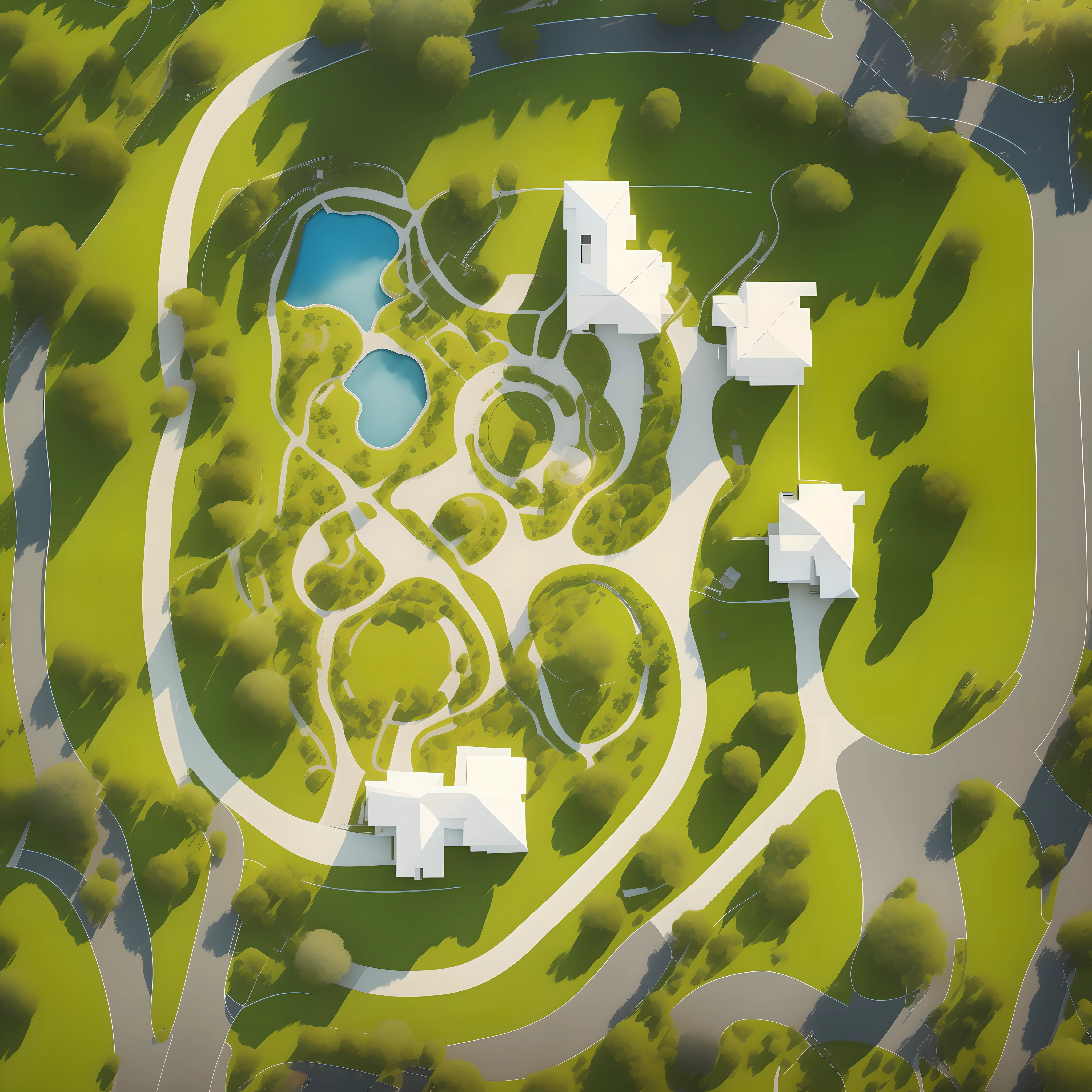 Vertical panorama (masterpiece), (high quality), best quality, super detailed, (full detail), (4k), 8k, tree, house, grass, building, curved road, relief with water park and curved road network. Terrain (masterpiece), (high quality), best quality, super detailed, (full detail), (4k),8k,tree, no humans, door, water, house,building,grass, simple background, window, from above, park, nature, tree, landscape, plants, nature, white background, trees, houses, grass, buildings, curved roads, relief. Terrain, gallery, runway, regularity