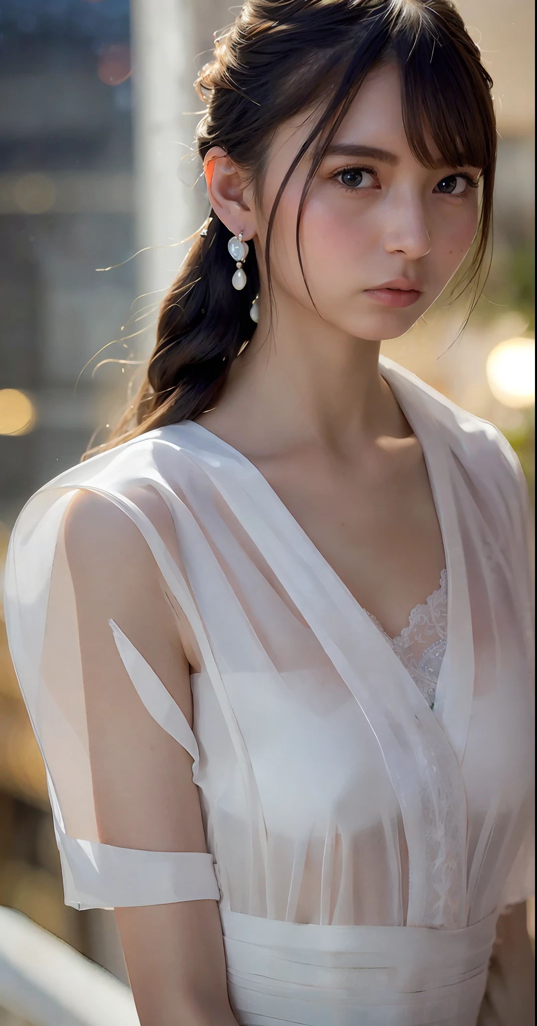 Nikon Z 85mm, ((best quality)) ((masterpiece)), supergirl, intricate detail, sharp focus, professional, photorealistic, real life, ultra-realistic, photorealism, SILHOUETTE light, fine detail, best quality, CG unity wallpaper Extremely detailed 8k, perfect artwork, upper body, shiny hair, shiny eyes, glowing skin, perfect realistic female figure, narrow waist, looking at viewer, lace, seductive posture, sexy pose, extremely delicate and beautiful girl , best quality, beautiful and detailed, beautiful detailed eyes, light on the face, cinematic lighting, transparencies, supergirl pajamas, see-through material, revealing buttocks, a realistic representation of the face, (intricate details, makeup, (beautiful delicate face detailed, beautiful detailed delicate eyes, a face of perfect proportion, highly detailed skin, detailed skin, the best proportion four fingers and a thumb, arms under the chest, medium large breasts, smooth abdomen, skinny and slender, fashion, solo, ( young), highlighted face, upper part of the body, detailed face, white skin, silver hair, ponytail, braided hair, big eyes, silk robe (hollow pattern, silk), earrings, slim body, on rooftop with city of background night, professional lighting, torn gown, 1 girl, coiled hair