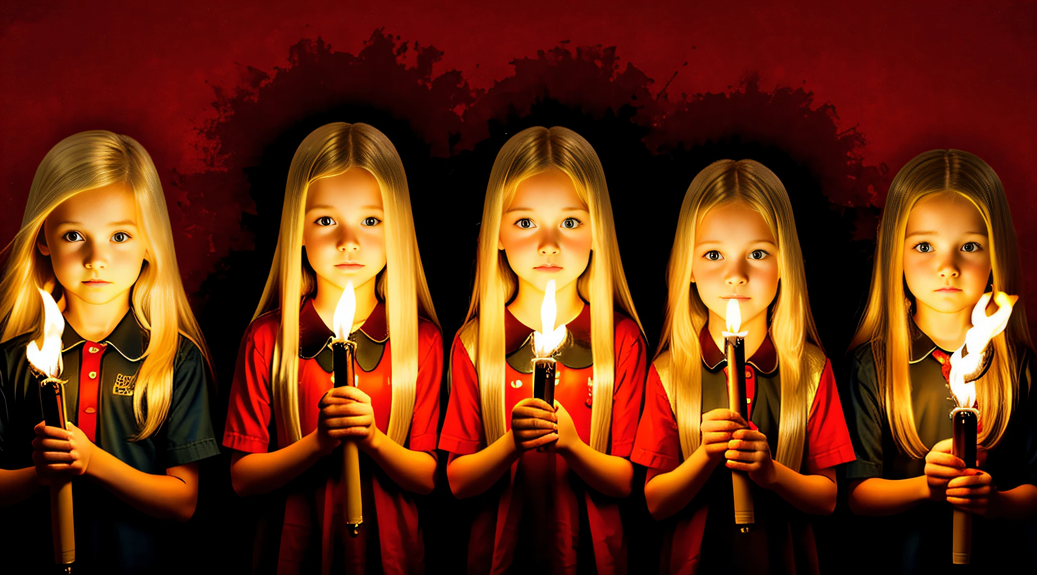 girls children BLONDES WITH LONG STRAIGHT HAIR, WITH FIRE TORCHES IN HAND, RED BACKGROUND,