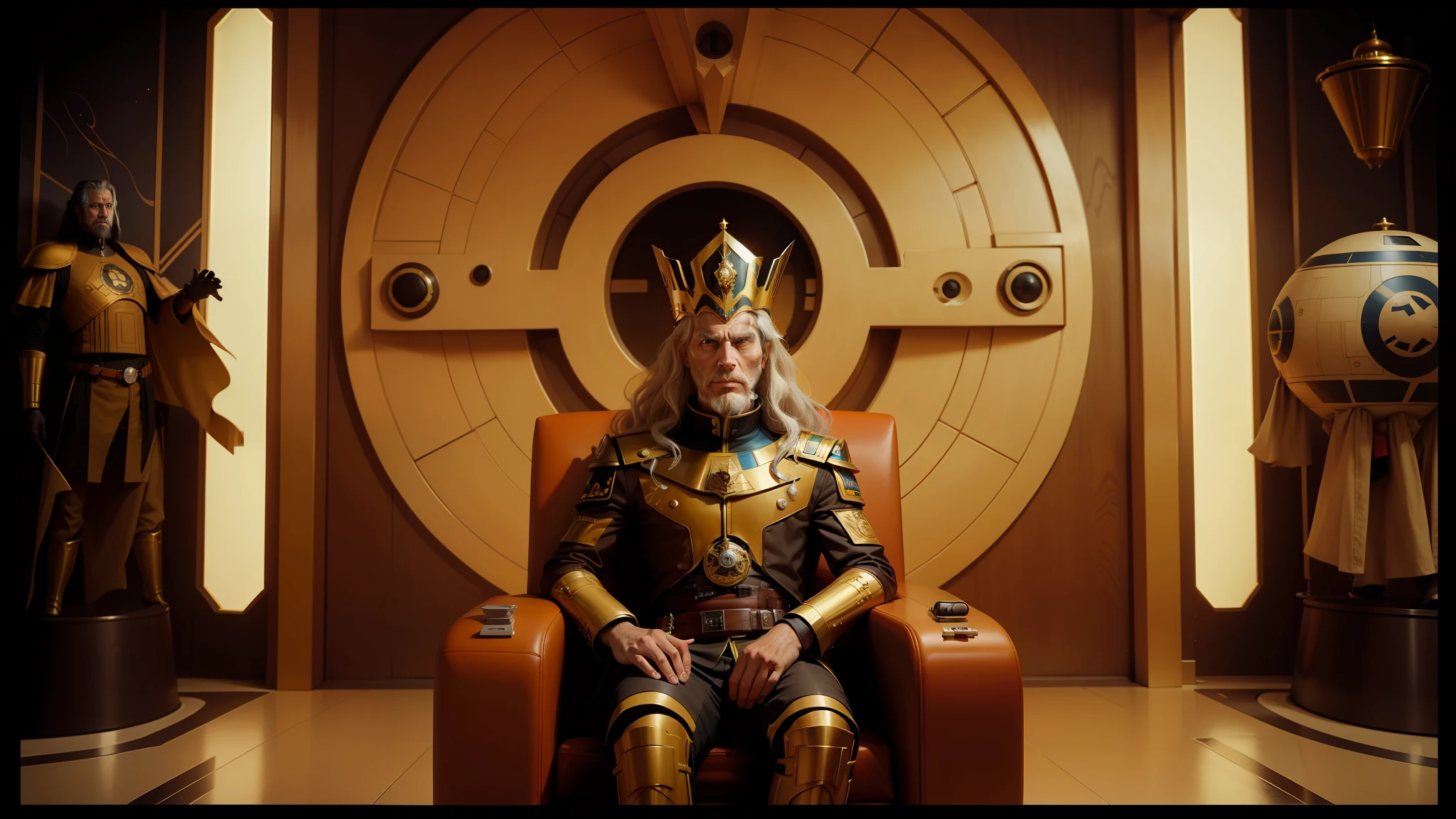 there is a man sitting on a chair in a star wars themed room, jodorowsky's dune movie, wearing golden crown, dr zeus, inspired by Samuel F. B. Morse, cinematic cgsociety, space dandy, circa 1 9 7 9, symmetrical dieselpunk warrior, by Erwin Bowien, cinemascope, star trek : the next generation, symmetry features --auto --s2