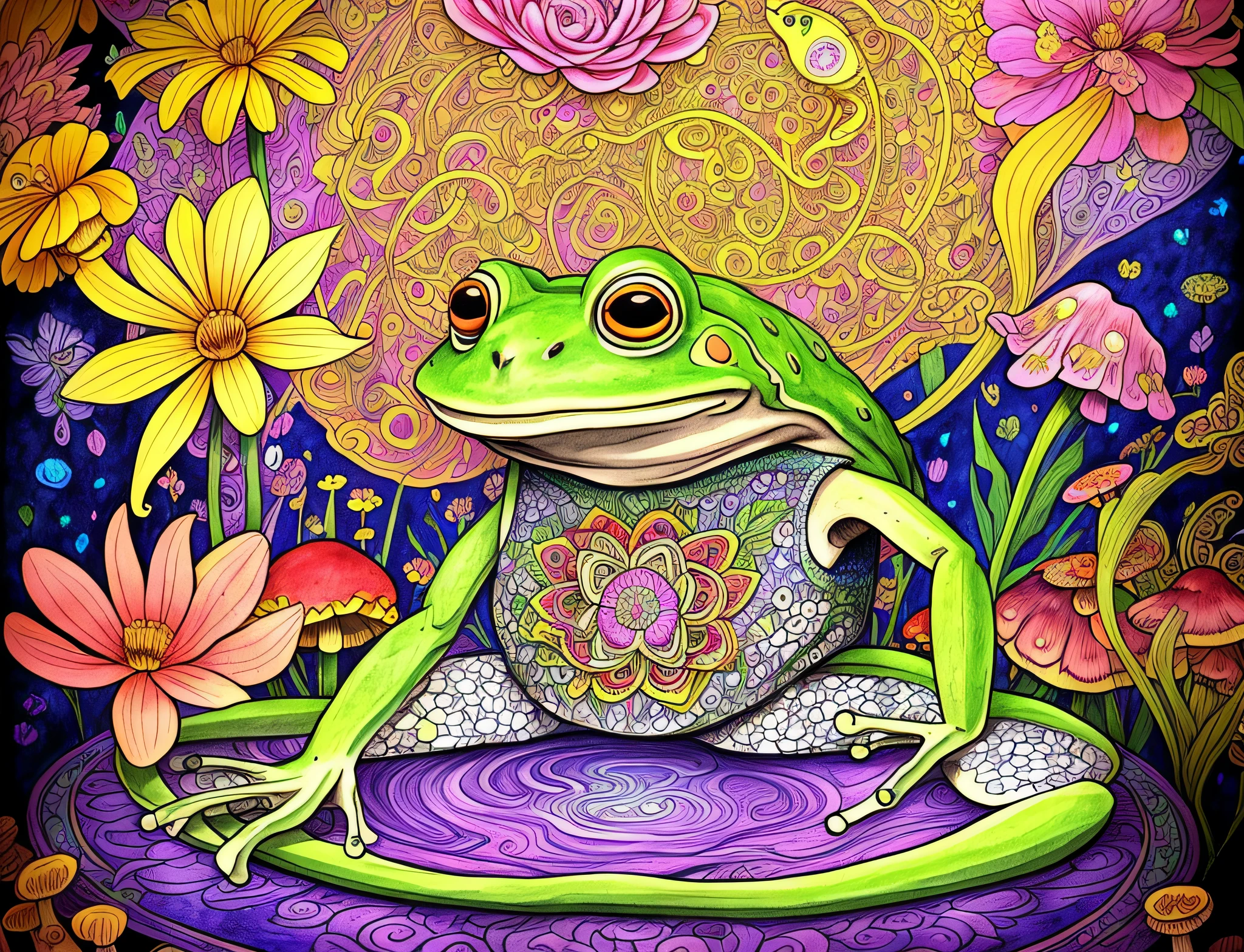 Drawing a frog with a flower in its mouth and a flower in its mouth, a frog meditating with three eyes on its head, mushrooms and flowers in its hands, mushrooms stuck in the top of its head, colorful background, illustrative frogs, psychedelic journeys, DMT art while tripping over DMT, illustrations, posters,