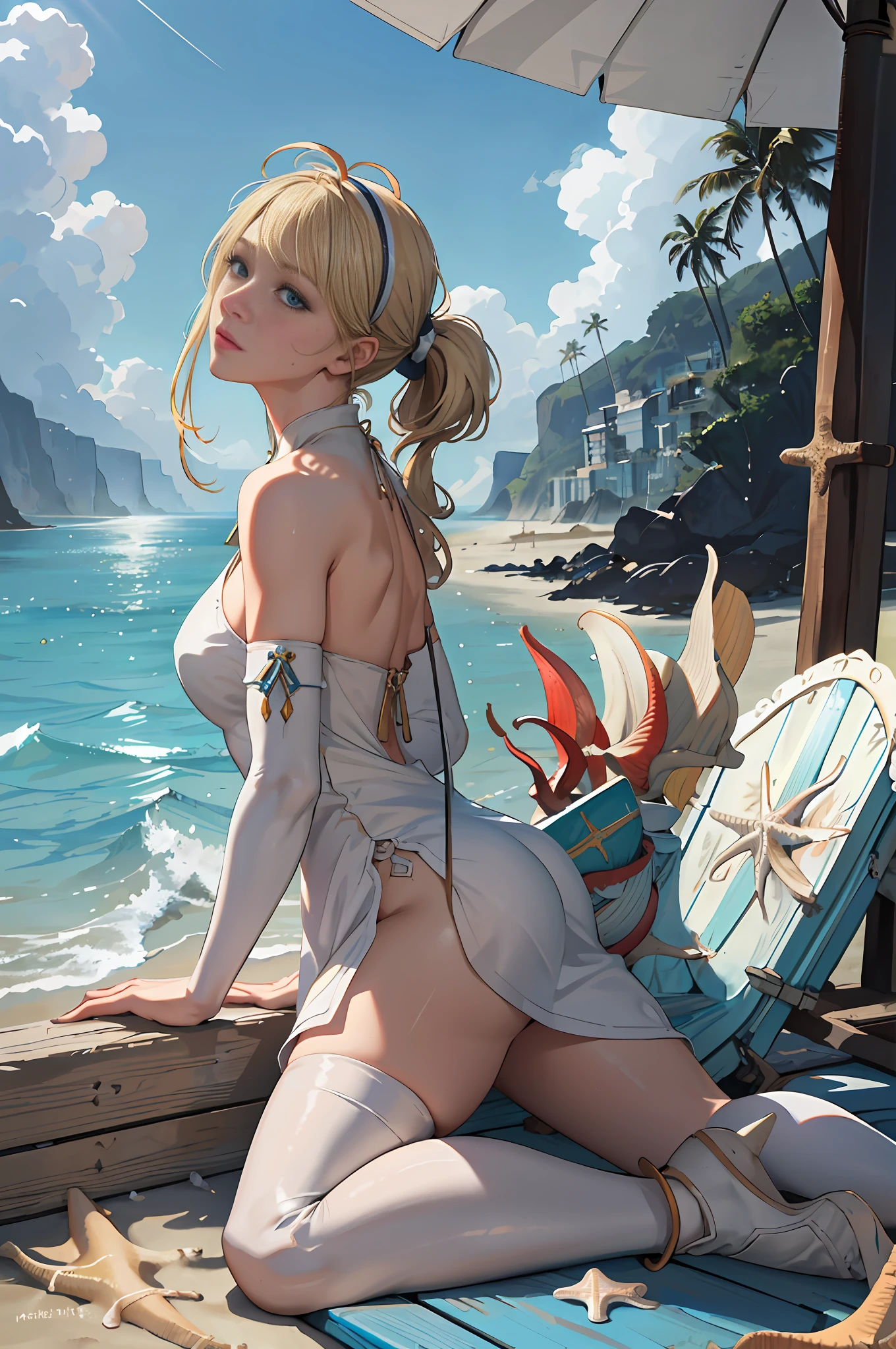 masterpiece, realistic, realism, photorealism, high contrast, in full light, photorealistic digital art trending on Artstation 8k HD high definition detailed realistic, 1girl, (solo:1.5), young beautiful woman, petite, very small perky breasts, ((blue eyes)), (blonde hair:1.2), knee long hair, long tight white dress with slits, white knee high socks, (no head gear:1.5), ((priestess)), parted lips, art by artgerm and ruan jia and greg rutkowski surreal painting, detailed, skin texture, hyper-detailed, realistic skin texture, side view, shore, (lying on the shoreline beach:1.1), back in the sand, (beach:1.5), caribbean sea, (crystal water:1.2), (sunbathing:1.3), clear water, head down, flustered, drenched