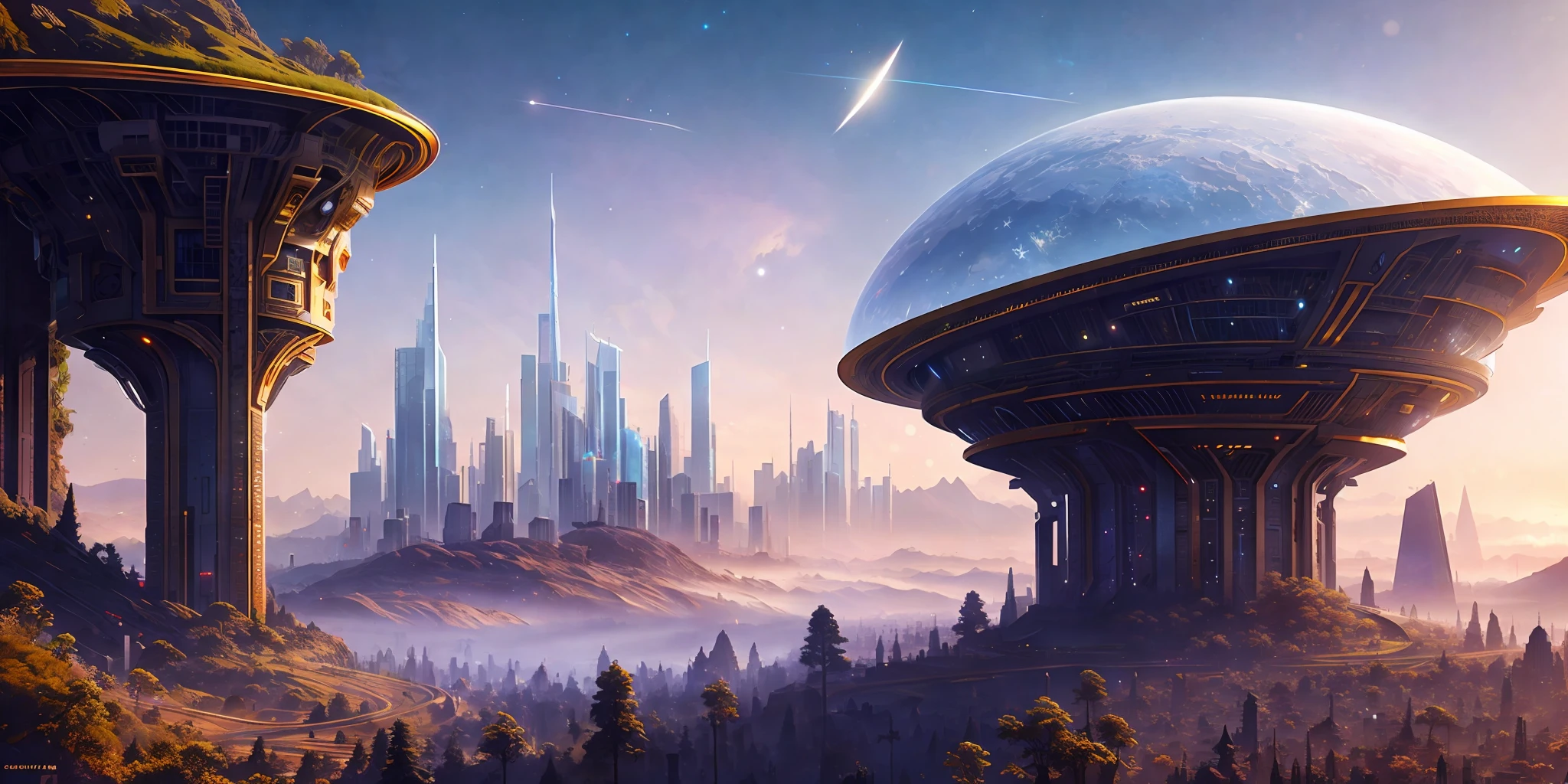 Beautiful landscape of an alien planet, with huge high-tech city and tall skyscrapers with stars and planets in background, digital illustration, (masterpiece), (high quality), best quality, high quality, extremely detailed CG unified 8k wallpaper, winning photography, Bokeh, Depth of Field, HDR, bloom, Chromatic Aberration, photorealistic, extremely detailed, trending on artstation, trending on CGsociety, Intricate, High Detail, dramatic, art by midjourney Trends in art stations, trends in CGsociety