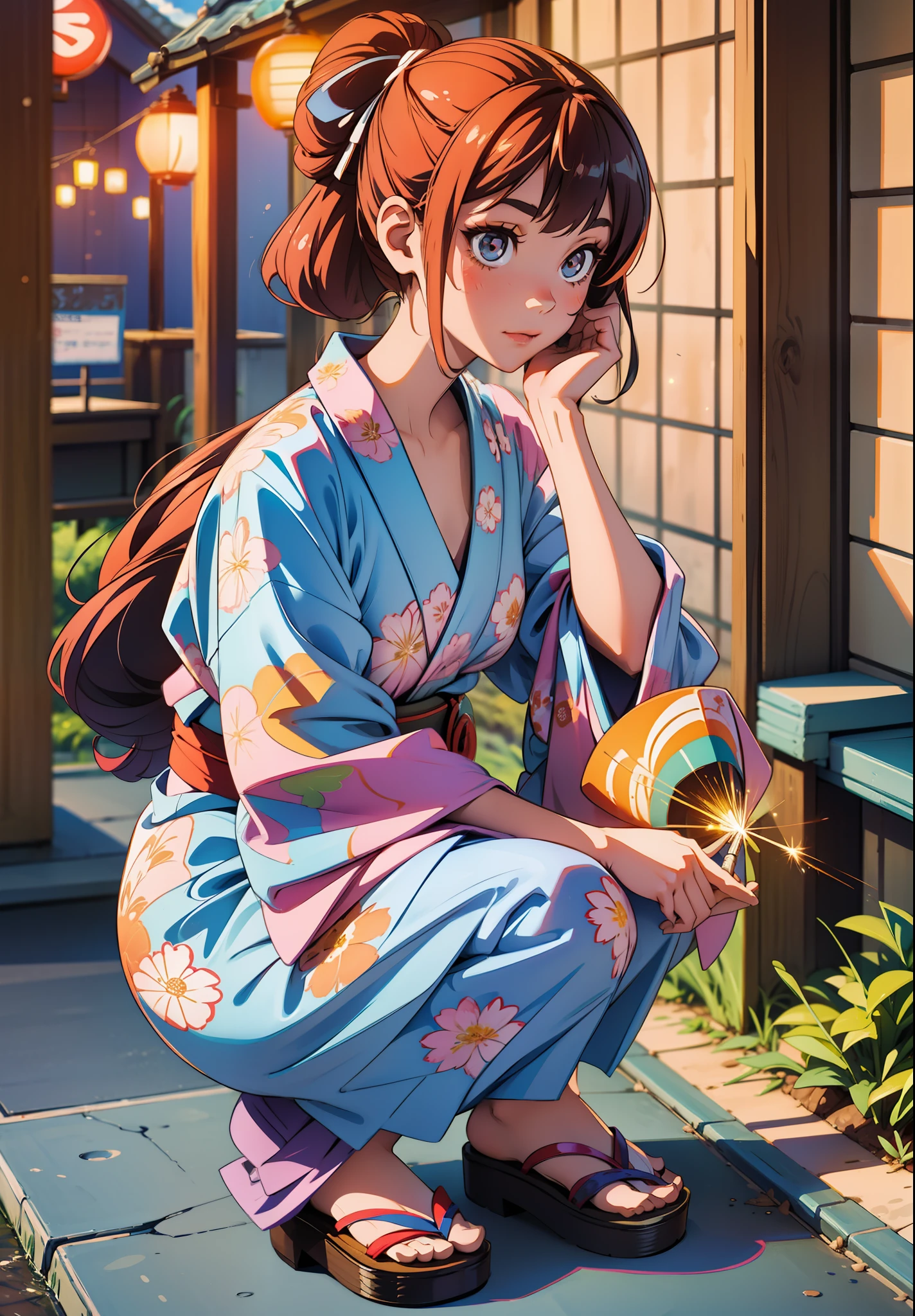 Anime girl in kimono outfit sitting on steps with a fan - SeaArt AI