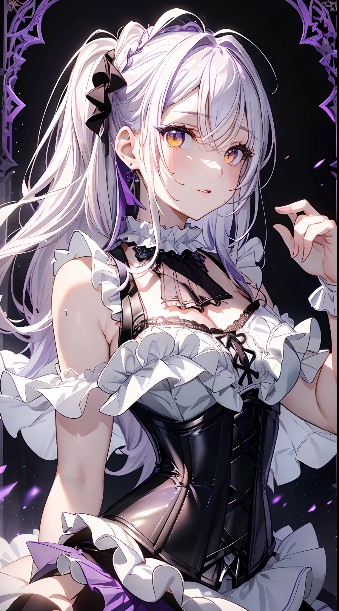 idol, masterpiece, best quality, beautiful face, absurdres, HDR, (yellow eyes, cowboy shot, particles, white frill lace mini dress, white collar, white frill cuffs, platinum long hair:1.5), dynamic pose, (purple colored inner hair:1.9), (bloom, glow:1.4), (fight hard, evil smile:1.0), sharp focus, photorealistic, highres, highest detailed, ultra detailed, detailed face and eyes, sharp pupils, realistic pupils, sharp focus, shiny skin, (black corset:1.5), (dark studio, dark background:1.5), rim lighting, dynamic and cinematic lighting