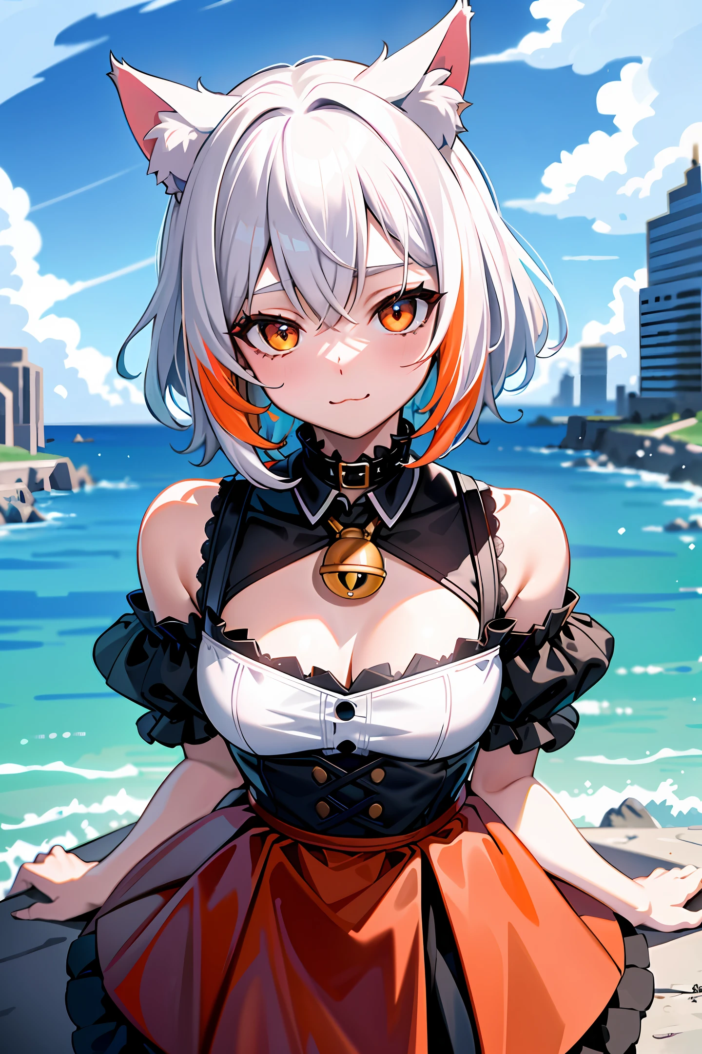 masterpiece, best quality, highly detailed, 1girl, (gm, :3, choker, cat girl, patch, multicolored clothes,multicolored shirt, neck bell, white hair, streaked hair, short hair, multicolored hair, cat ears, orange eyes), close-up, intricately detailed face and eyes, face focus, portrait, ruins of city, view from above, above clouds, leafs