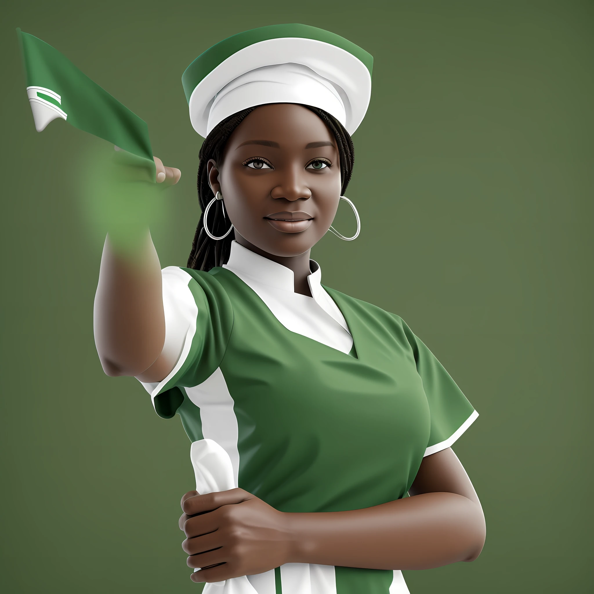 realistc 3d photo of a dark shinned african nurse holding up a green and white flag, wearing green hospital clinic scrub uniform in white background --auto --s2