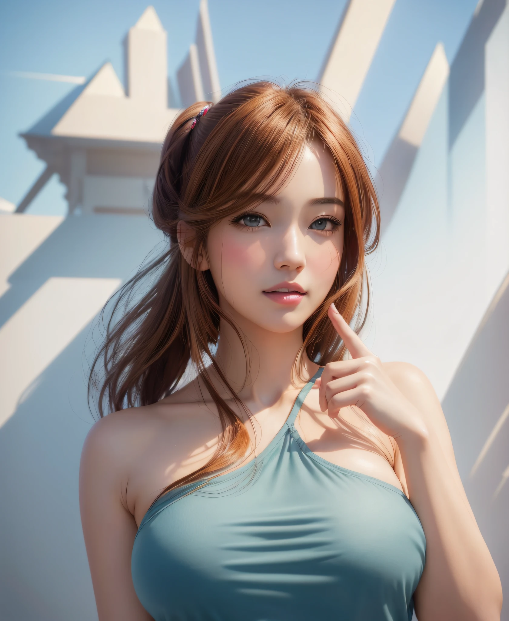 hair bobbles, wince, longeyelashes, solid circle eyes, light smile, ear blush, fang, Surrealism, drop shadow, anaglyph, stereogram, tachi-e, pov, atmospheric perspective, 8k, super detail, ccurate, best quality, (masterpiece:1.4), (8k, photorealistic, RAW photo, best quality: 1.4), japanese, 1girl, beautiful face, (realistic face:1.4), (caramel hair, long hair:1.3), beautiful hairstyle, beautiful detailed eyes, (best ratio eyes:1.5), attractive, ultra high res, ultra realistic, highly detailed, best ratio, (detailed face:1.4), looking at viewer, red lipsticks, purple eyes, (the best ratio of the number of fingers:1.5), ((high proportional realistic breasts, realistic medium breasts):1.4), slender body, (full body visible:1.5), portrait, photography, detailed skin, realistic, photo-realistic, highly detailed, full length frame, High detail RAW color art, lingerie, (best ratio of body anatomy:1.2),