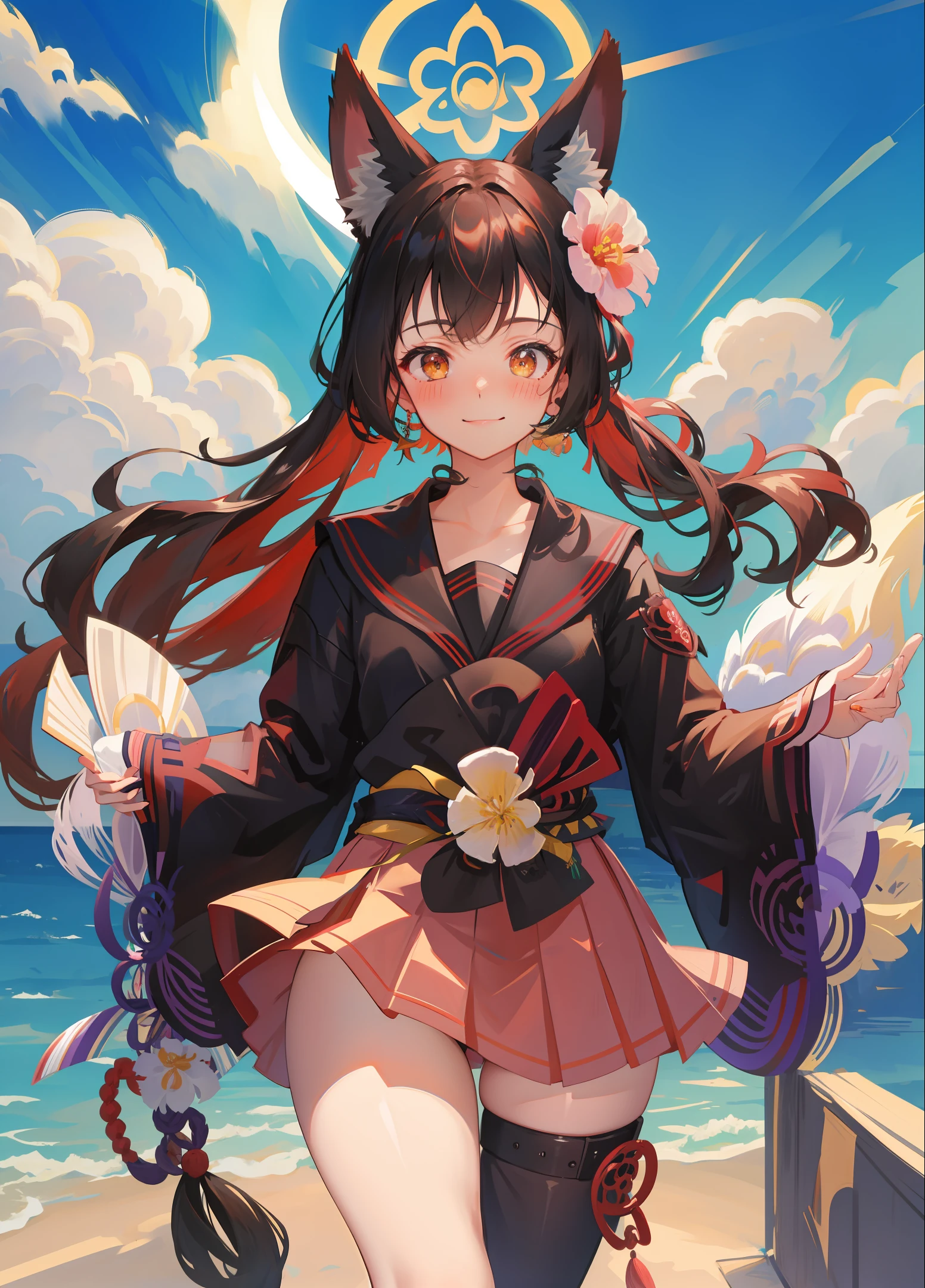 masterpiece,highres,breasts, fox tail, 1girl,animal_ears,smile, looking_at_viewer, blush, hair_flower, weapon,black hair, japanese clothes, simple background,, masterpiece, best quality,