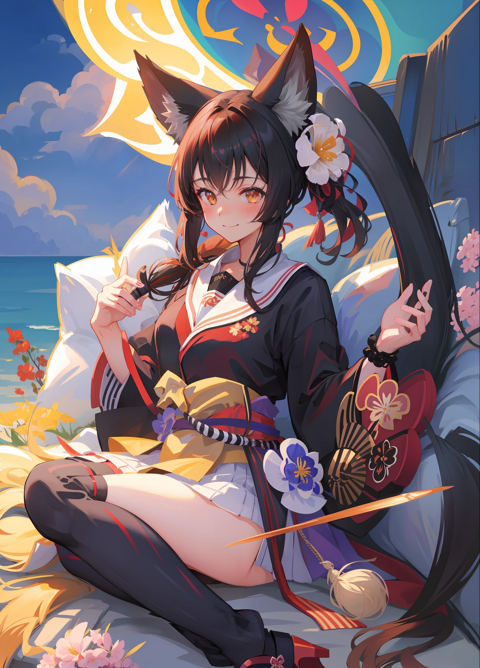 masterpiece,highres,breasts, fox tail, 1girl,animal_ears,smile, looking_at_viewer, blush, hair_flower, weapon,black hair, japanese clothes, simple background,, masterpiece, best quality,