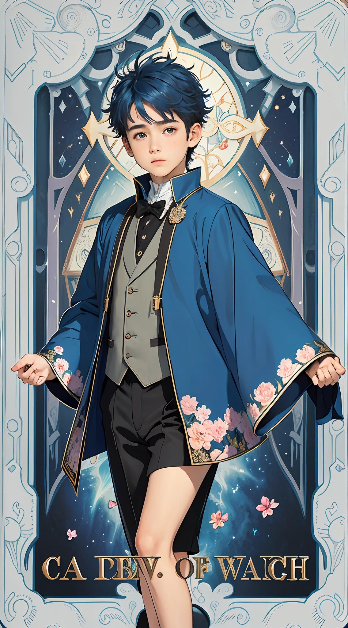 (Masterpiece, Top Quality, Best Quality, Official Art, Beauty and Aesthetics: 1.2), (1 Boy), (Fractal Art: 1.3), Cards, Tarot Cards, Blue Hair, Short Hair, Hair Flowers, (Good Lighting: 1.1), (High Resolution)), 10 Years Old, 10 Years Old Boy, Cute Boy, Inch,