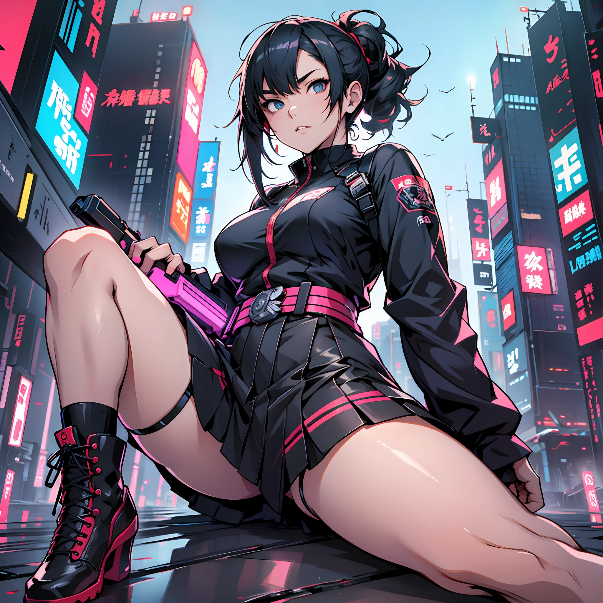 Japanese anime style. woman. she's a cyberpunk mini skirt. Hold your gun. Whole body. Stand and spread your legs. from below. --auto --s2