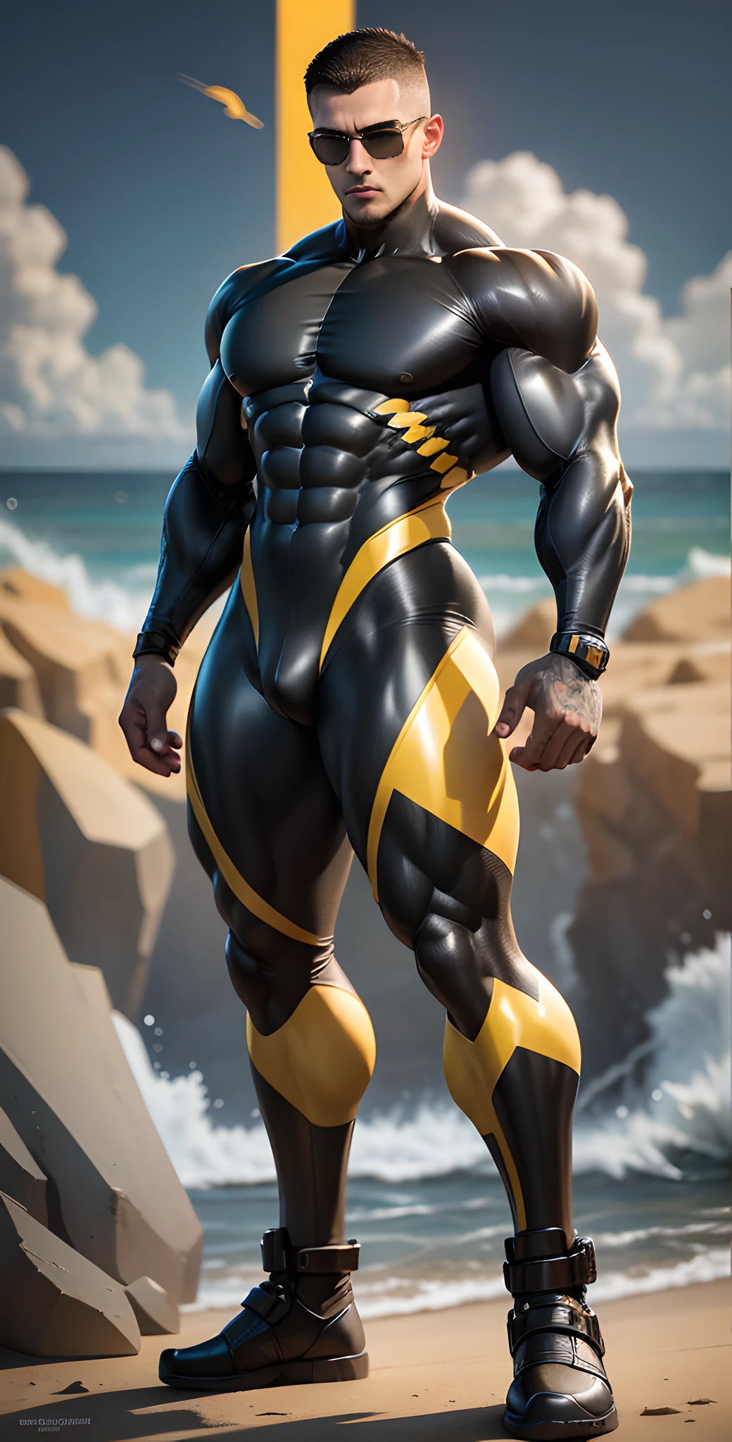 Arad man in yellow and black clothes standing on the sunny seashore, American round inch head, Buzz Cut, muscle male hero, heroic male pose, muscular! Wearing black sunglasses, spandex tight high elastic bodysuit, super buff and cool, high resolution committee, character design police, black army boots, charismatic strong male with spandex tight high elastic bodysuit