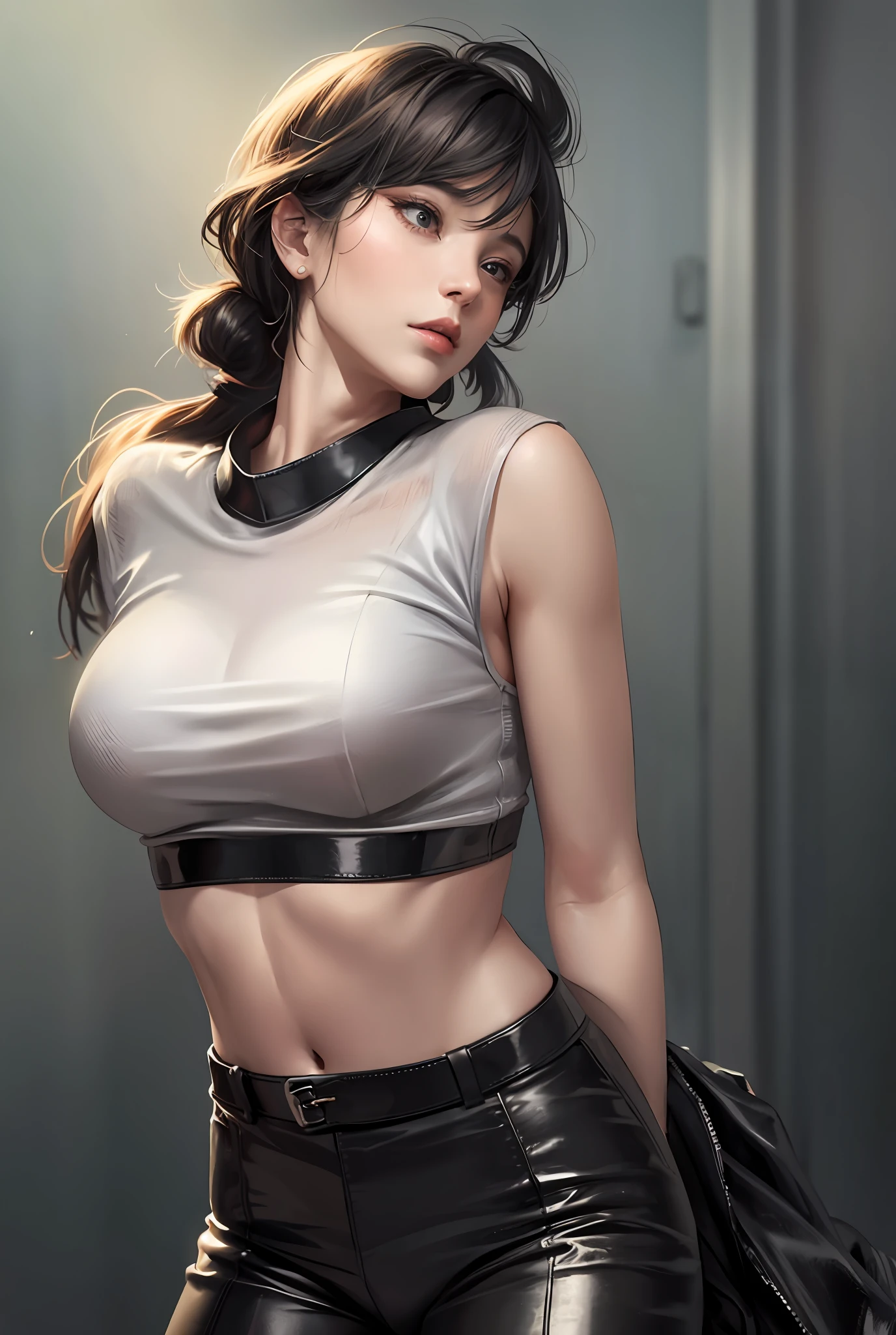 Beauty, bare belly, leather pants,