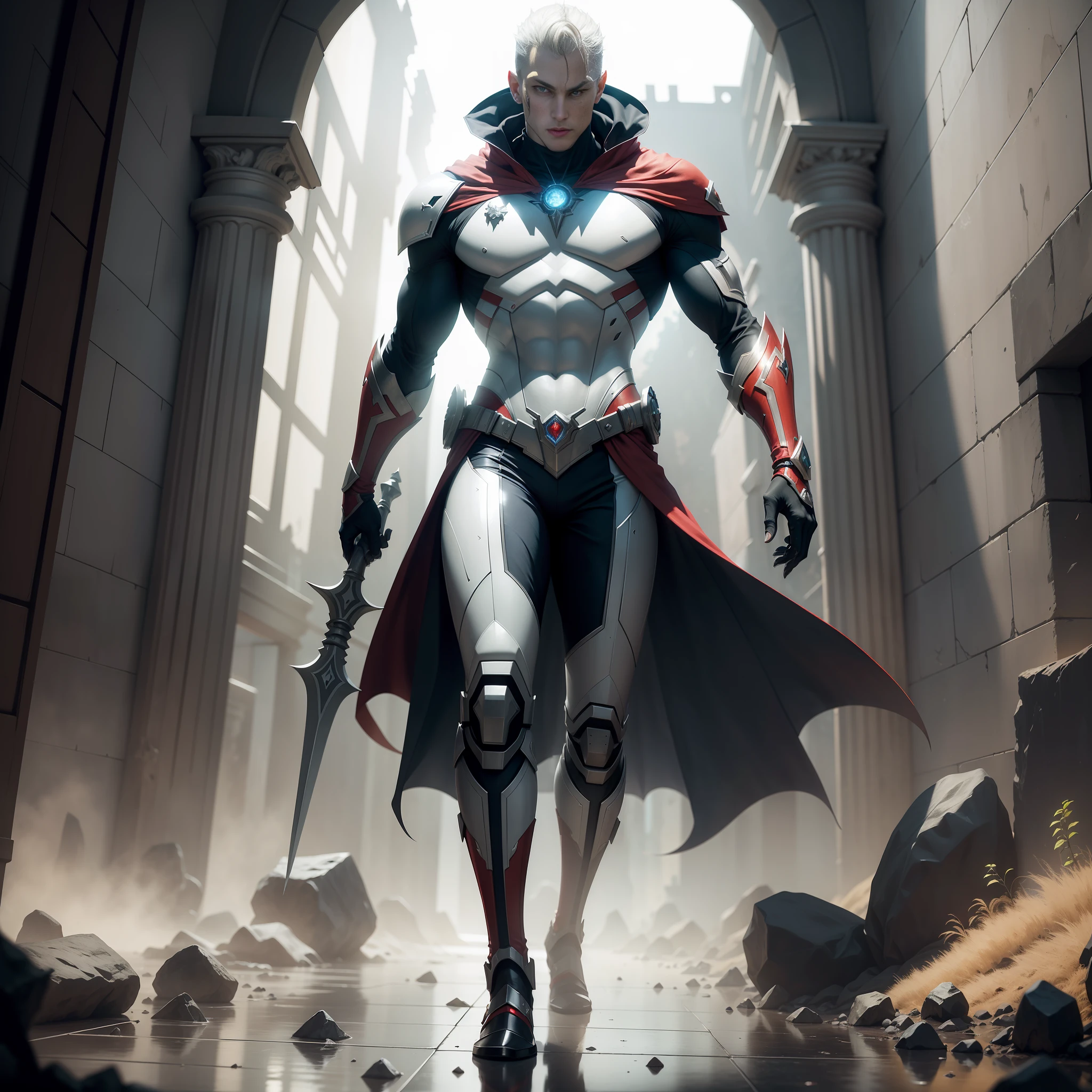 Masterpiece, best quality, with Martian elements and vampire elements added to the body, Martian Manhunter + Blade Warrior + White / Pure / Light Force. This character is a white hero from Mars, who possesses the transformation and psychic abilities of a Martian Manhunter, is now photographed in front of a gray background, and is a skilled vampire hunter who can dispel darkness or heal others with the power of light. With flowing long HDR, bloom, chromatic aberration, realism, very detailed, CGsociety high detail, dramatic, art by midjourney