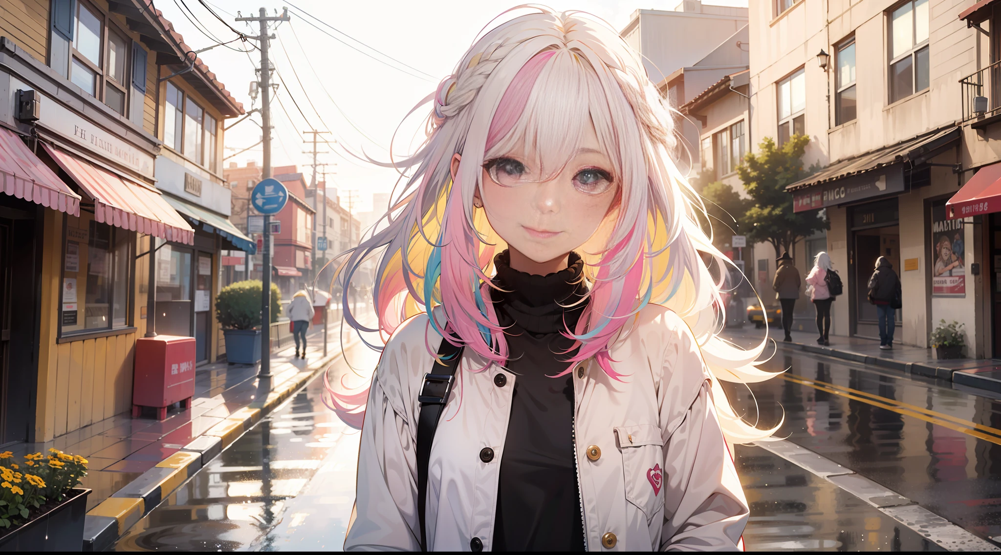 (best quality),(1girl), Daytime, after the rain, hair blowing in the wind, streets, yellow rain coat, best quality, happy, smile, ((multicolored, white hair, pink hair, long hair)), city, cowboy shot