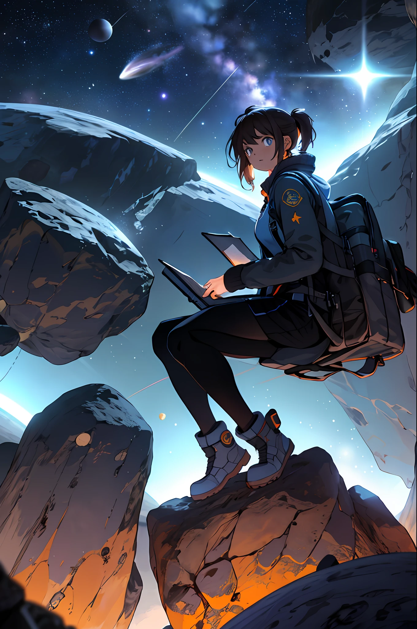 Draw a young sound engineer girl, sitting on a research platform floating in the middle of an asteroid belt. She is studying with a notebook, surrounded by several asteroids glowing with fiery auras. Dramatic lighting from distant stars and planets illuminates the scene, casting deep shadows on the suit. The young girl looks confident and determined, looking at the vast and mysterious universe with wonder and respect,facial hair, cowboy shot,