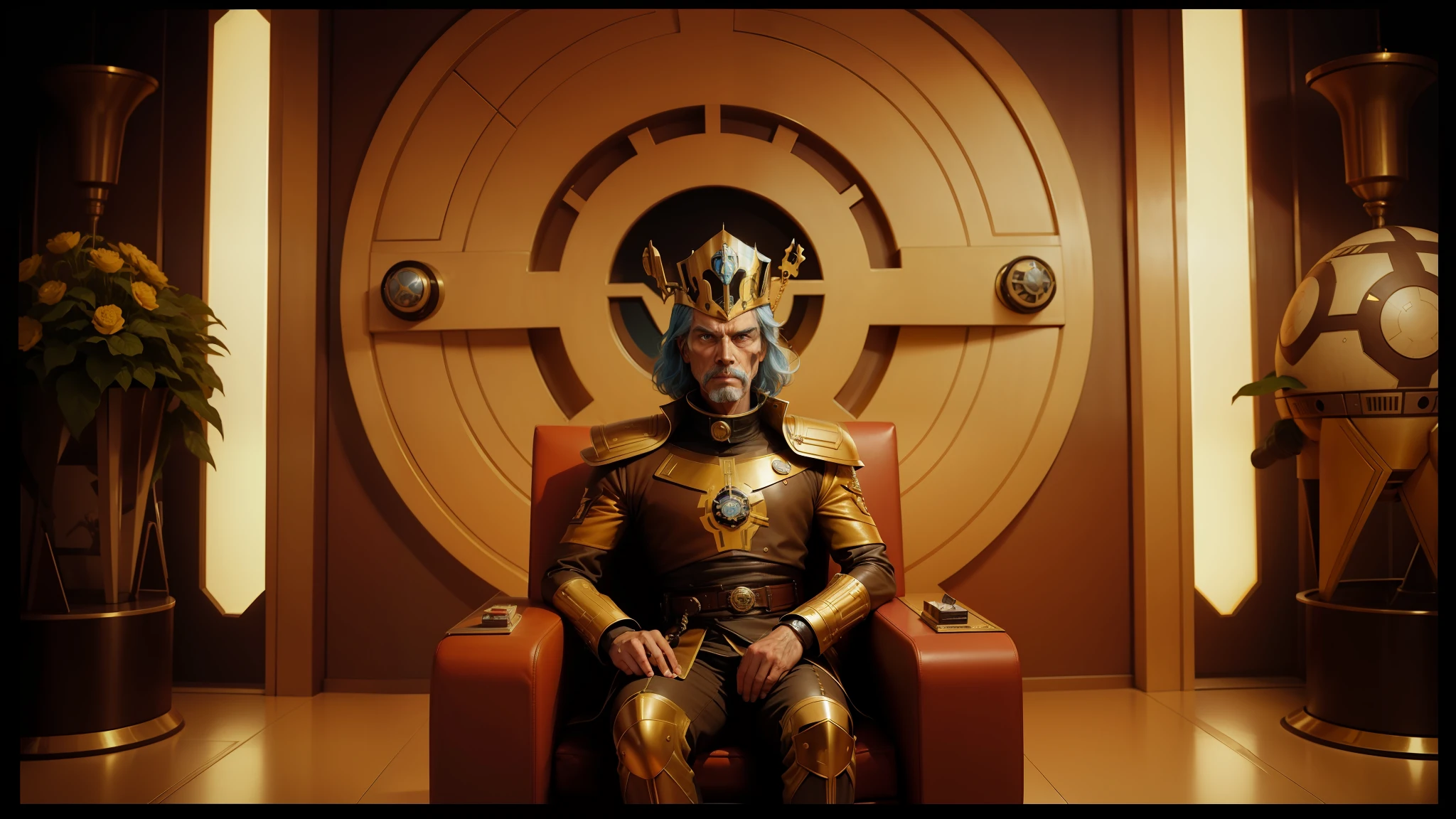 there is a man sitting on a chair in a star wars themed room, jodorowsky's dune movie, wearing golden crown, dr zeus, inspired by Samuel F. B. Morse, cinematic cgsociety, space dandy, circa 1 9 7 9, symmetrical dieselpunk warrior, by Erwin Bowien, cinemascope, star trek : the next generation, symmetry features --auto --s2
