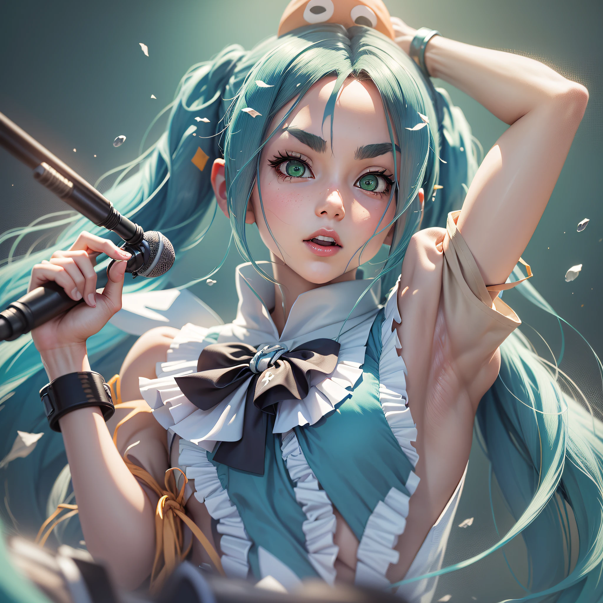 Masterpiece, illustrations of the best quality, ultra-detailed detail, close-up depiction of Hatsune Miku. Double ponytails fluttering, standing in the center of the stage, looking at the audience, calm and meticulous expression. Green hair is bright, wearing a youthful and energetic singing uniform, holding a microphone, showing a strong visual impact in an instant. --auto --s2