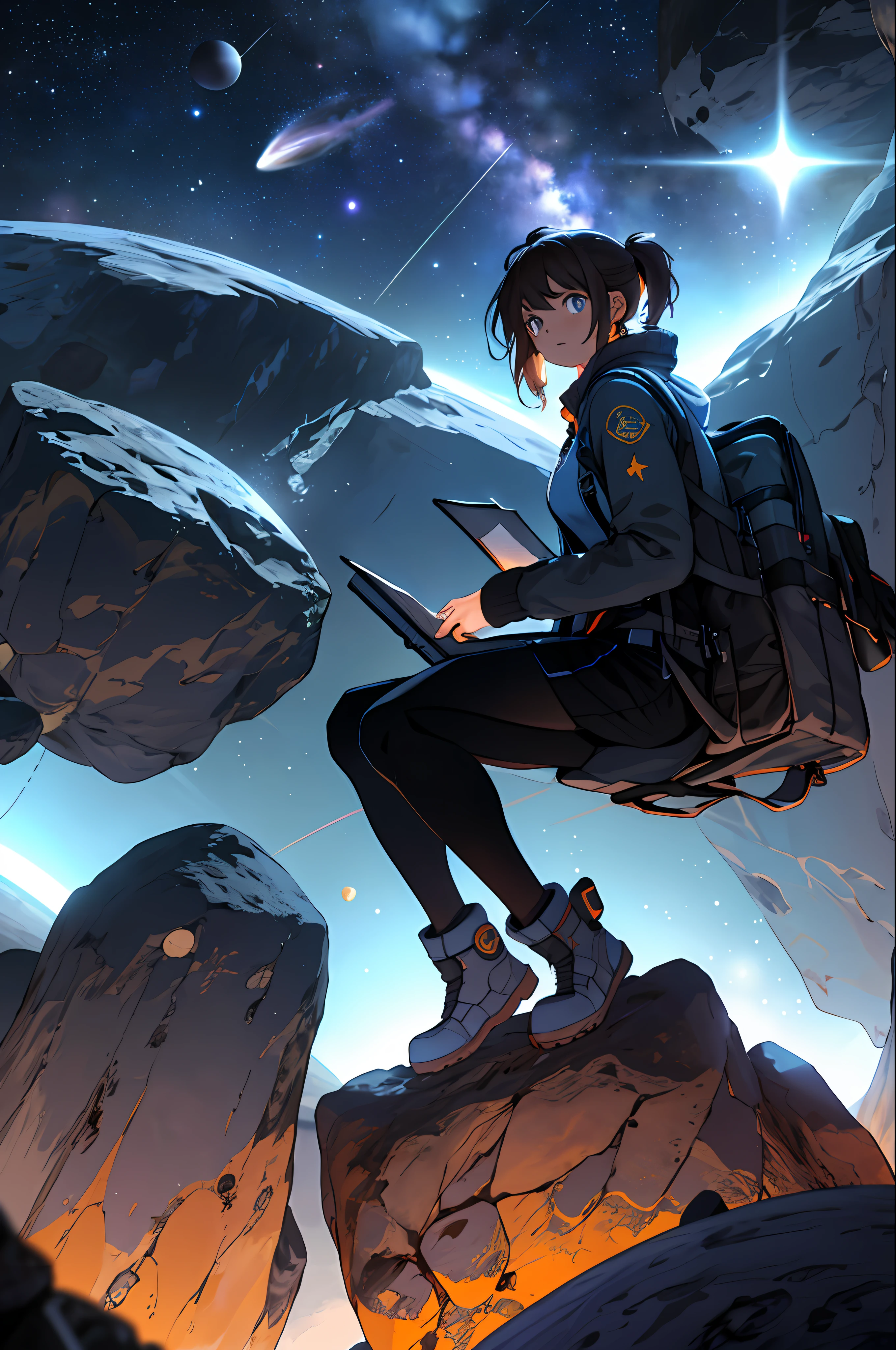 Draw a young sound engineer girl, sitting on a research platform floating in the middle of an asteroid belt. She is studying with a notebook, surrounded by several asteroids glowing with fiery auras. Dramatic lighting from distant stars and planets illuminates the scene, casting deep shadows on the suit. The young girl looks confident and determined, looking at the vast and mysterious universe with wonder and respect,facial hair, cowboy shot,