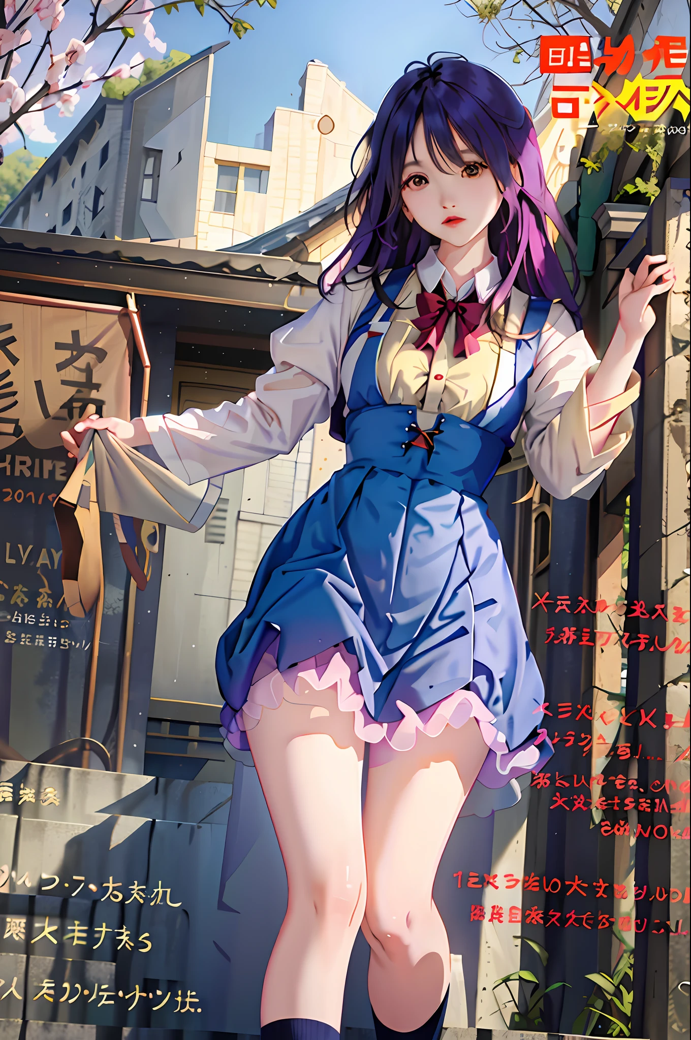 Masterpiece, superlative, spring dress, colored hair, outdoor, magazine cover, transparent skirt, stockings, suspenders, shallow tulle, wide hips, thin waist, short skirt, dress a little less