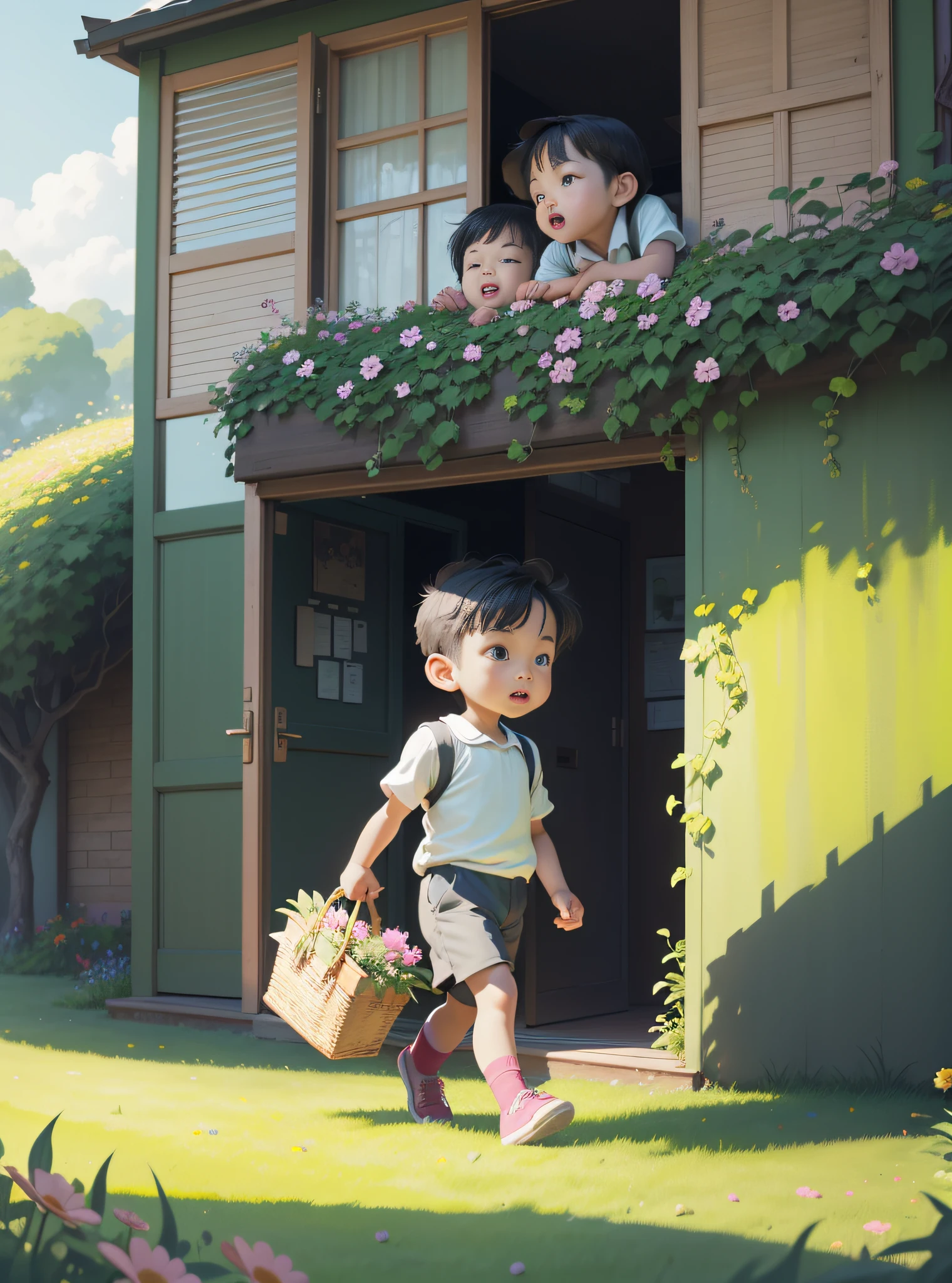 Three super cute asian kids, carrying a bag, Run happily on the green grass, The meadow has beautiful flowers and greenery, Full of summer atmosphere, Depicted by a painting by Paul Corfield, UI illustration, Features highly detailed facial features and cartoon-style visuals, Minimalist style, 3D illustration, Medium view, Tilt-shift effect, 16K resolution, best picture quality, blender, OC renderer, super detail
