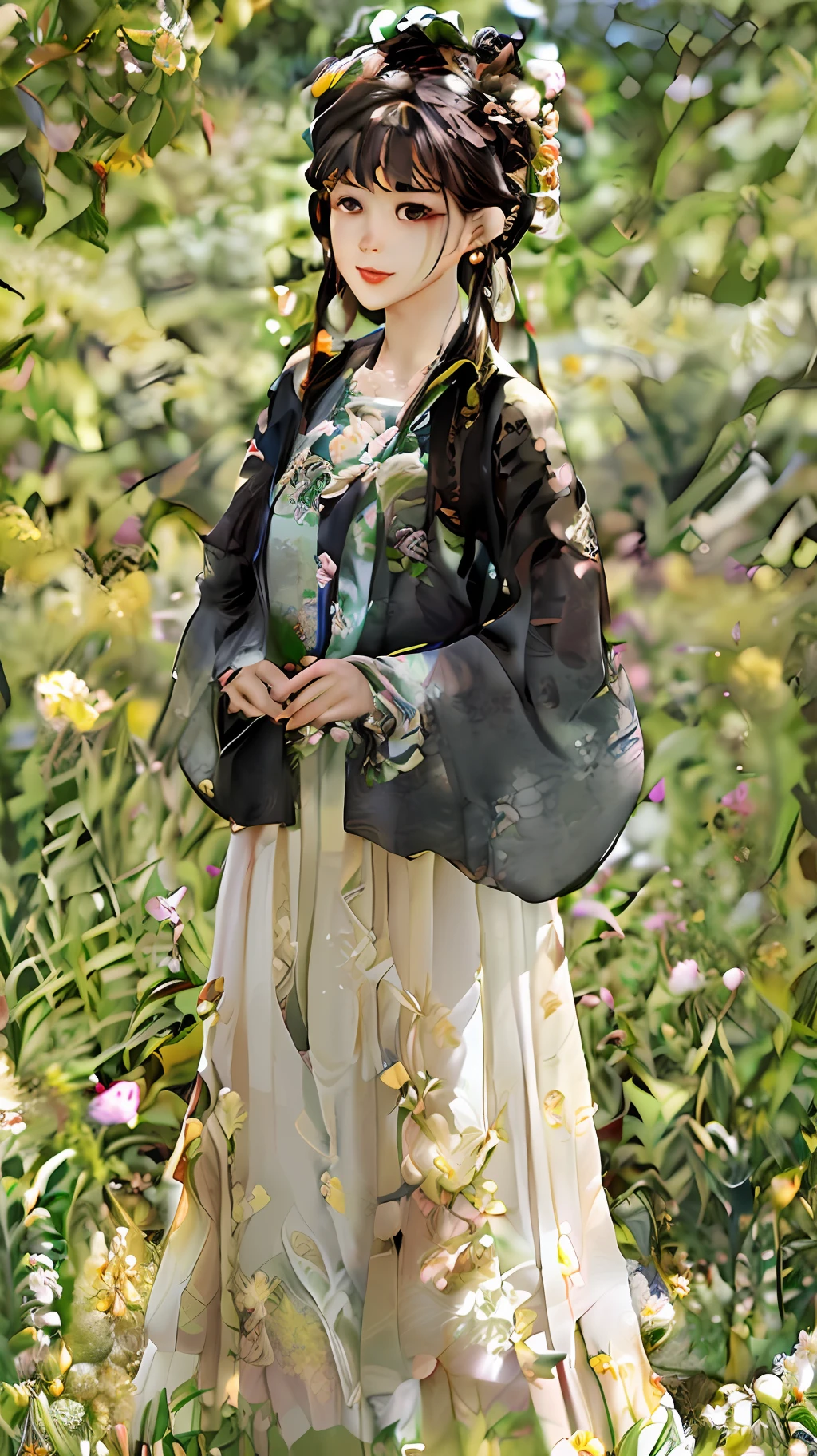 best quality, hires, extremely detailed, detailed background, diffused natural lighting, (flower field, flower petals, surrounded by flowers:1.4), (zentangle, fractal art:1.3), (many colors, colorful:1.1), (1milf, matured female, face focus), seductive, wind blowing, earrings, wearing detailed exotic clothes