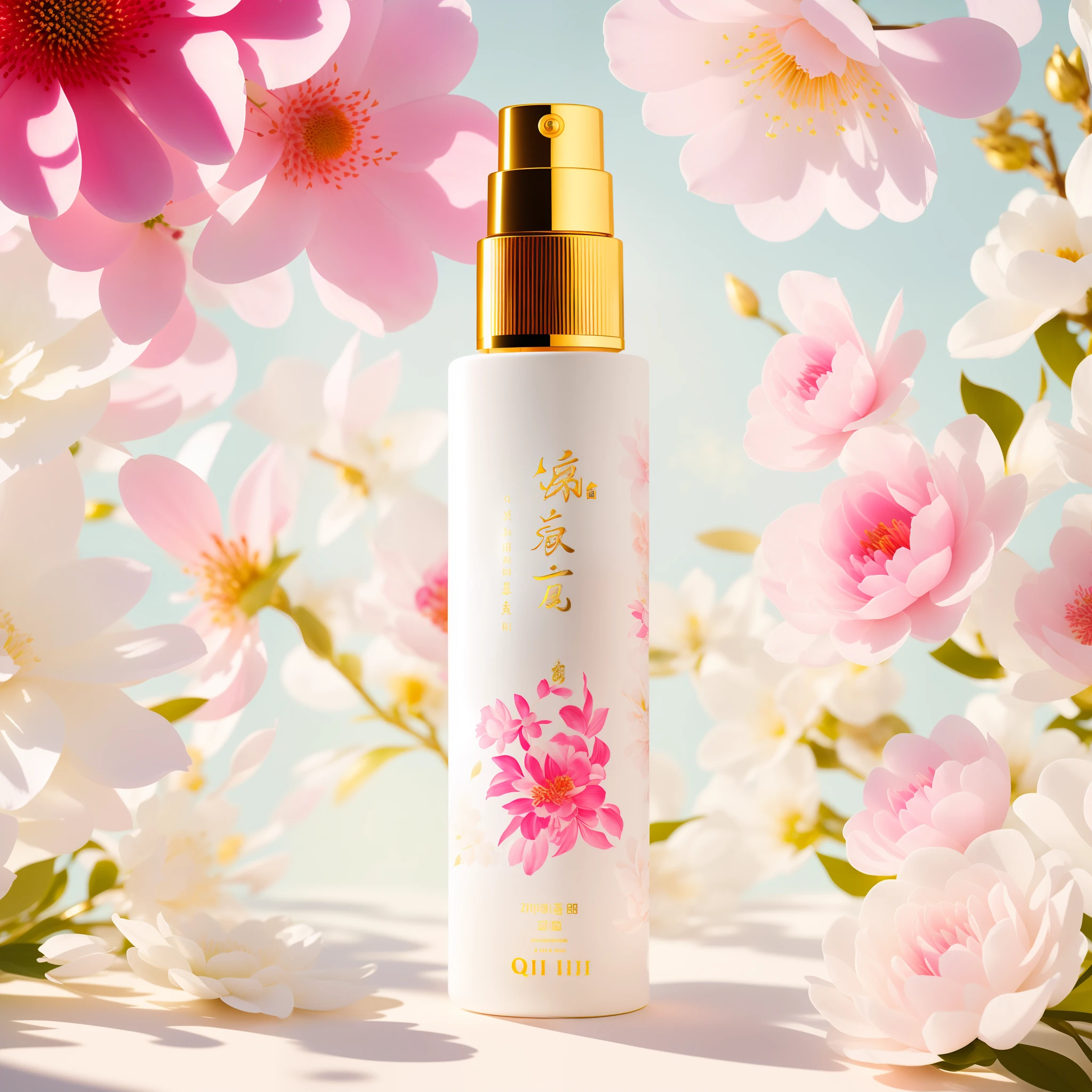 A white bottle, surrounded by flowers. The plants are shining, and the warm sunlight shines down, illuminating the beauty of the day, and the colors are bright. Skincare brand photo, masterpiece, highest detail, real flower, inspired by Luo Mu, inspired by Ma Yuanyu, inspired by Zhiding, inspired by Xiao Yuncong, Jia, inspired by Qiu Ying, author: Qu Leilei, skincare brand photo, inspired by Huang Ji, Lu Ji, Zhongyuan Festival, inspired by Cao Zhibai