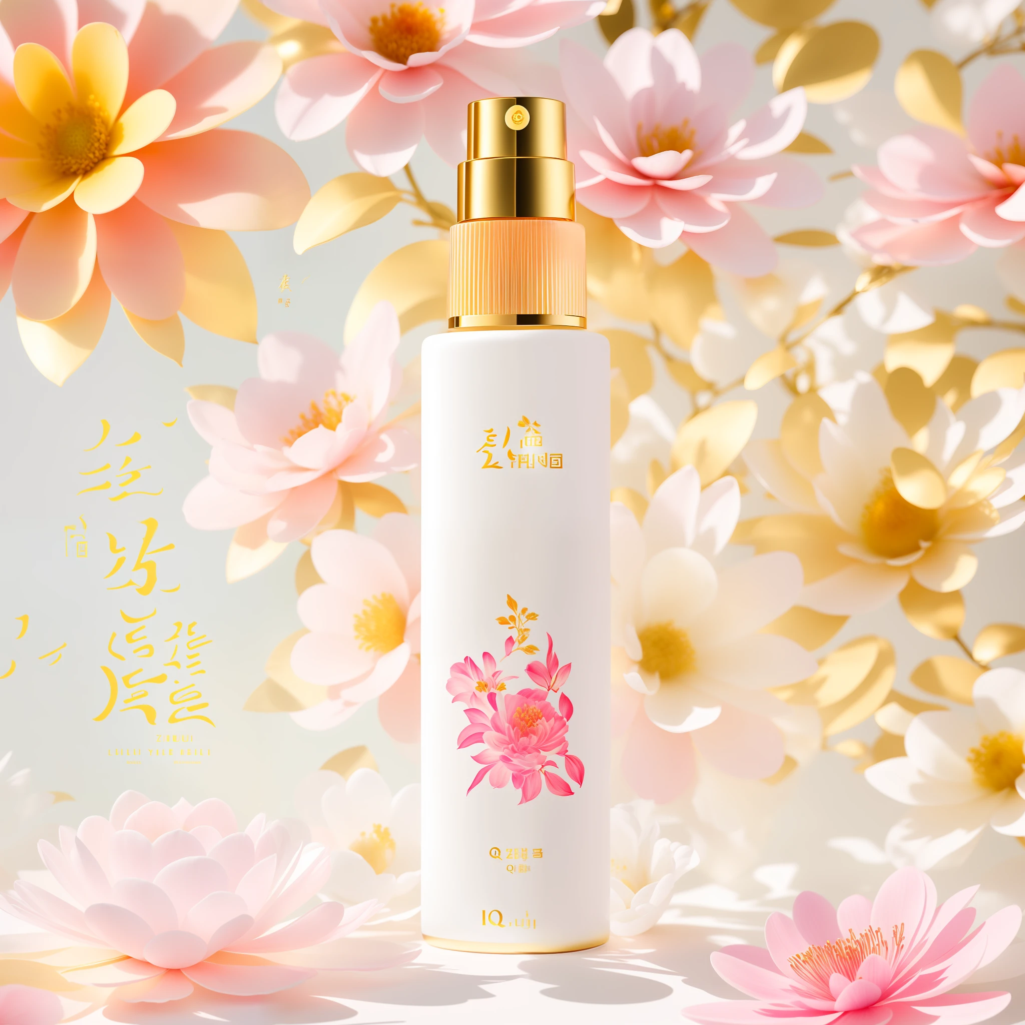 A white bottle, surrounded by flowers. The plants are shining, and the warm sunlight shines down, illuminating the beauty of the day, and the colors are bright. Skincare brand photo, masterpiece, highest detail, real flower, inspired by Luo Mu, inspired by Ma Yuanyu, inspired by Zhiding, inspired by Xiao Yuncong, Jia, inspired by Qiu Ying, author: Qu Leilei, skincare brand photo, inspired by Huang Ji, Lu Ji, Zhongyuan Festival, inspired by Cao Zhibai
