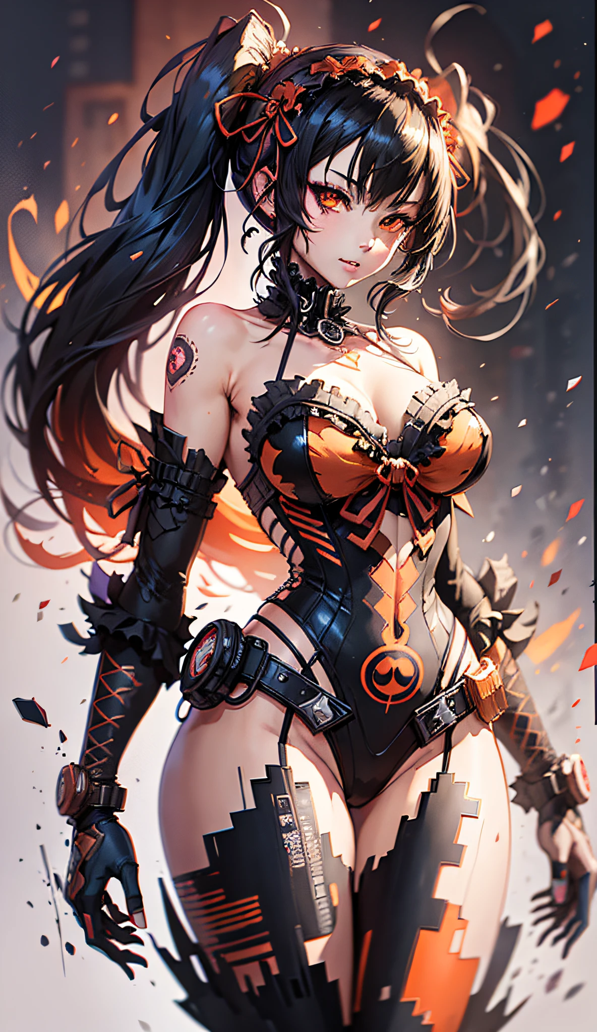 a masterpiece, sticker of a (((batgirl:0.5))), (((supergirl:0.5))), from dc comic wearing alternate orange black dress costume, coy and alluring, full body, Kim Jung gi, freedom, soul, digital illustration, comic style, cyberpunk, perfect anatomy, centered, approaching perfection, dynamic, highly detailed, watercolor painting, artstation, concept art, smooth, sharp focus, illustration, art by Carne Griffiths and Wadim Kashin, unique, award winning, masterpiece, odd eyes, black hair twin tails, kurumi tokizaki, large breasts,